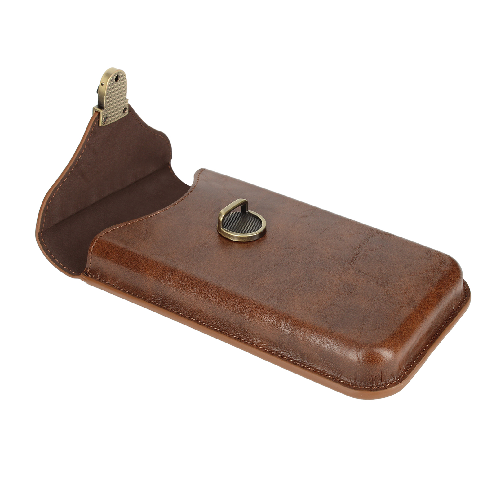 Braune Leder-Handyhülle mit Ringhalter. Offen, Innenseite sichtbar.