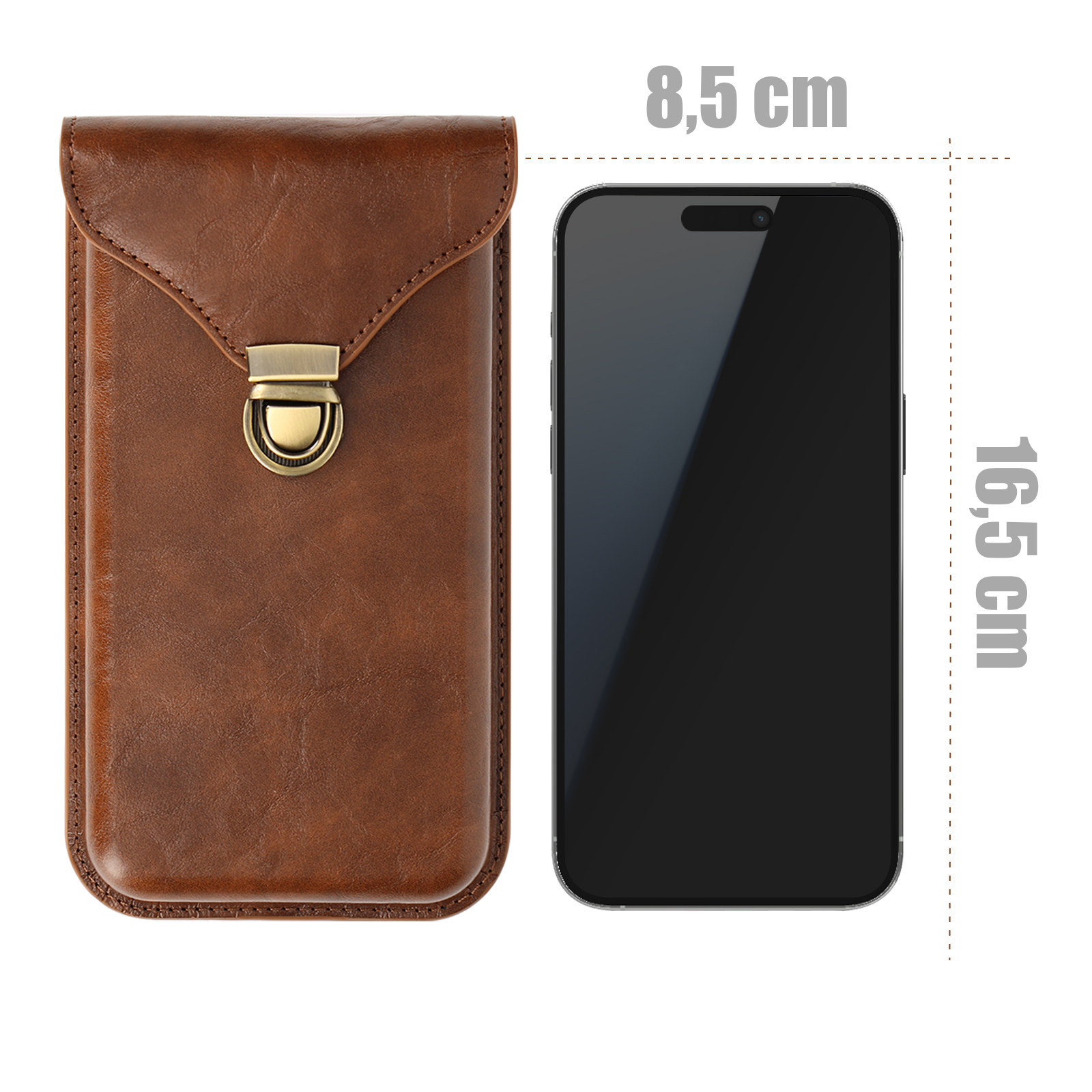 Braune Handyhülle mit einem Telefon daneben. Maße des Telefons sind im Bild.