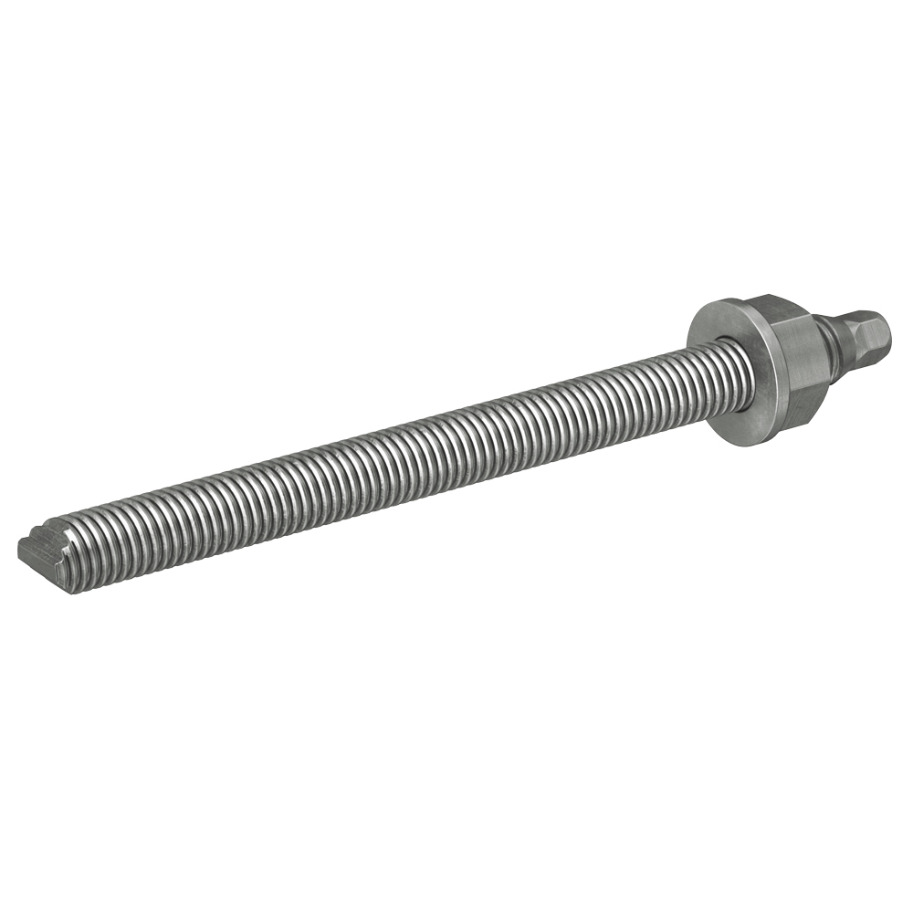 Ein langer Gewindebolzen mit Sechskantkopf und Mutter.