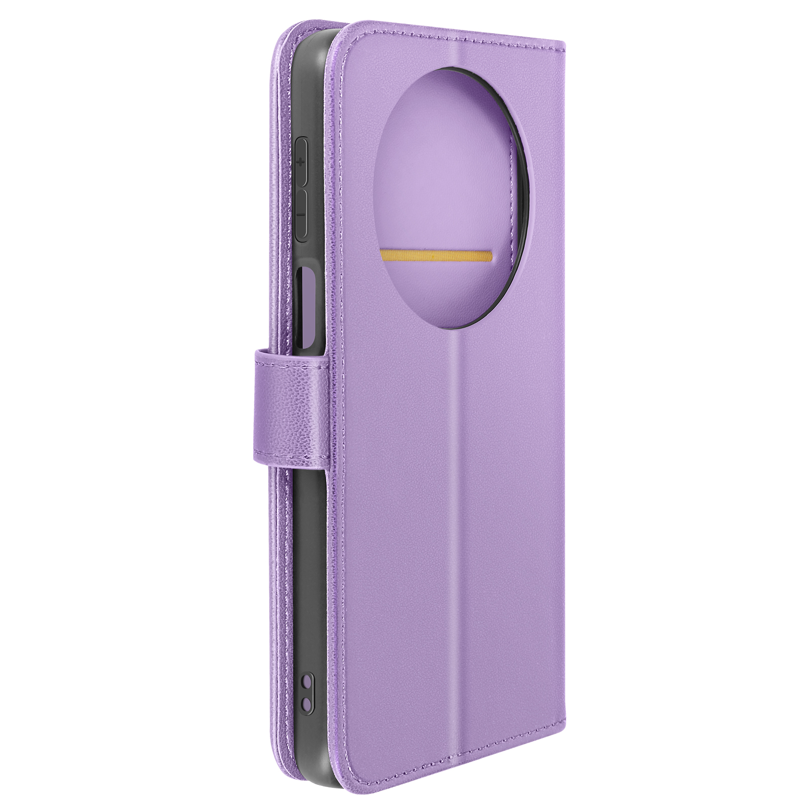 Una custodia per telefono pieghevole viola chiaro con un cerchio ritagliato e un cinturino magnetico.