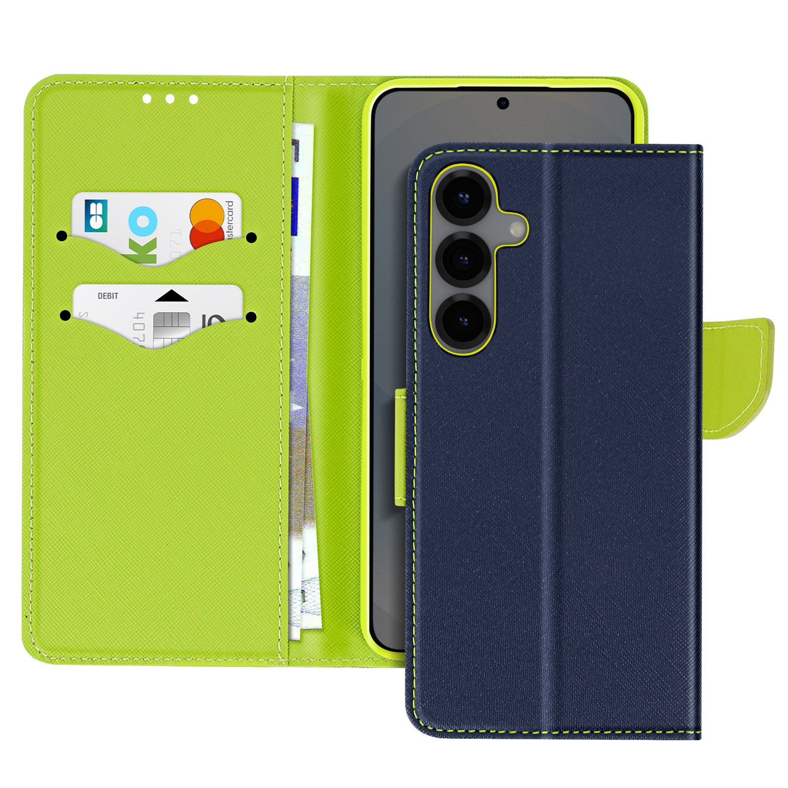 Custodia per telefono blu, interno verde con carte e contanti visibili, telefono nella custodia. Sfondo bianco.