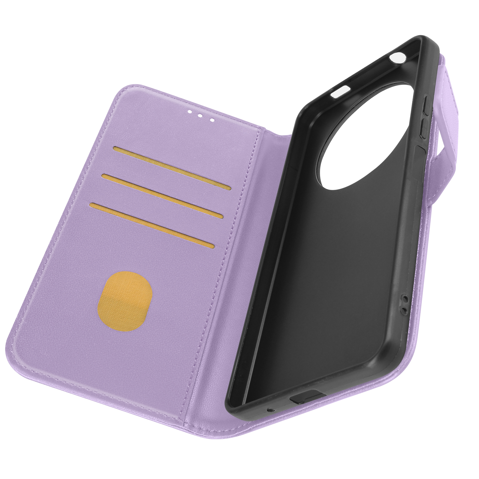 Custodia per telefono viola aperta, con fessure per carte e supporto per telefono nero. Dettaglio giallo.