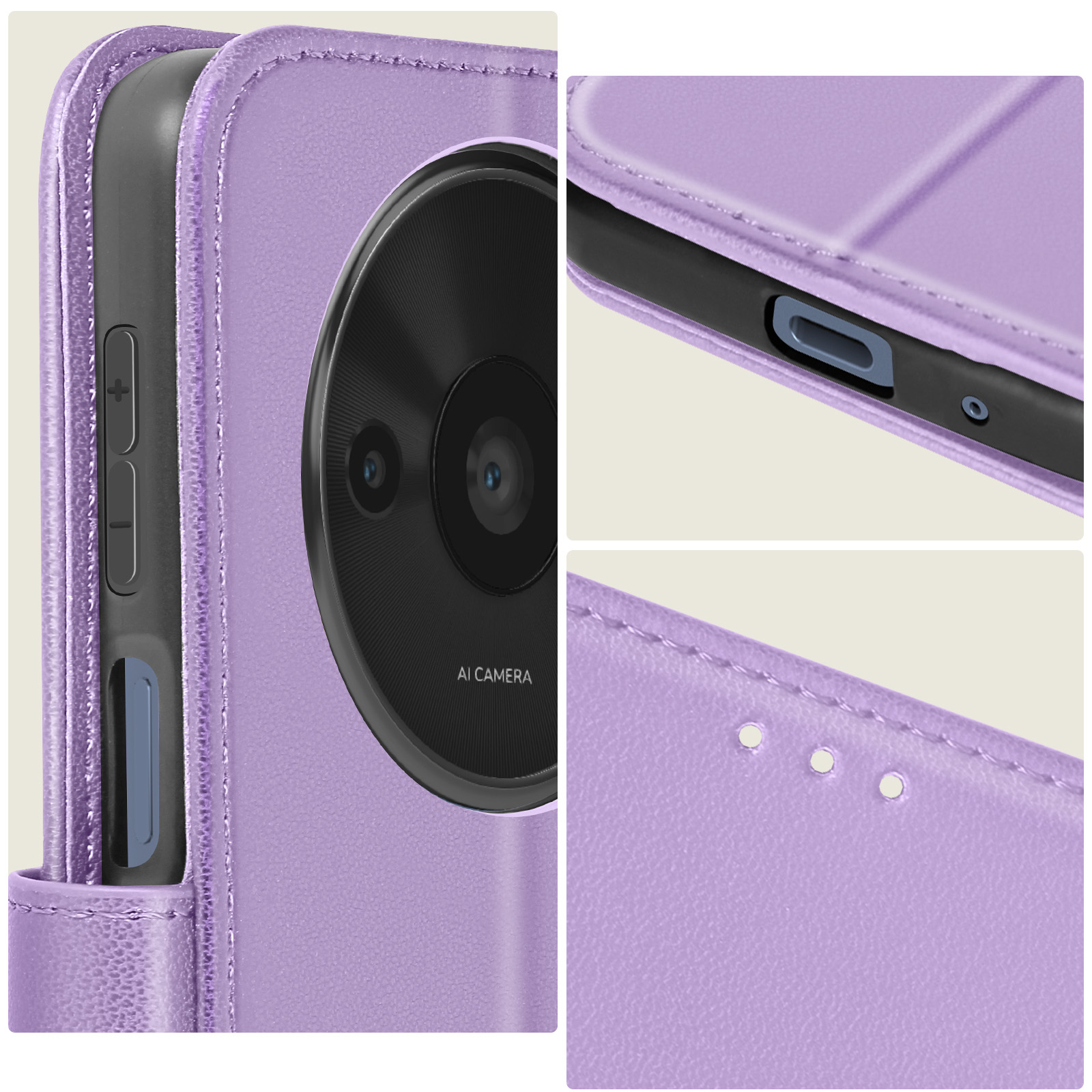 Custodia per telefono viola con pulsanti laterali, fotocamera e dettagli di cucitura. Varie viste ravvicinate.