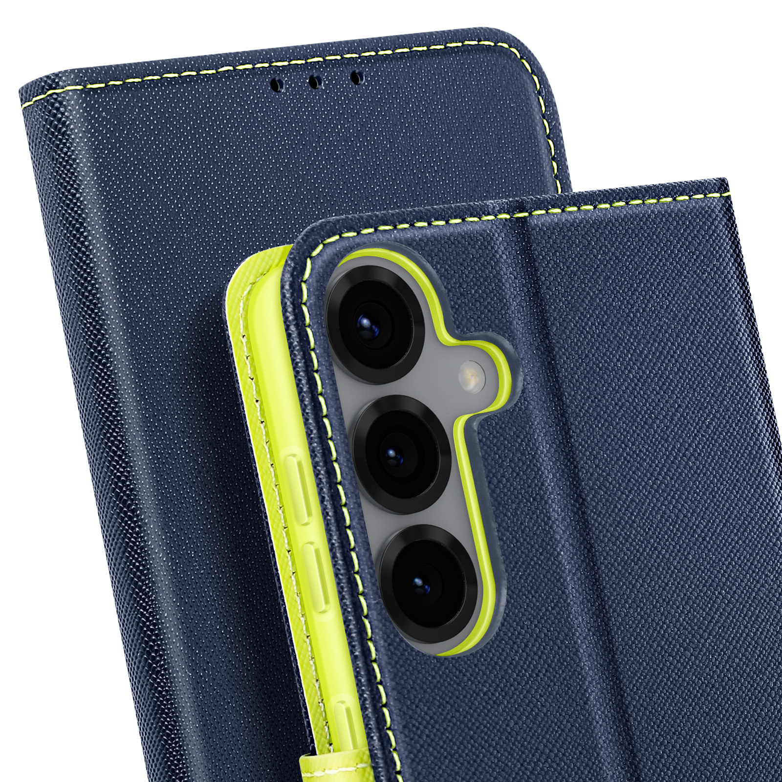 Custodia blu per telefono con cuciture gialle, che mostra la fotocamera e il telefono.