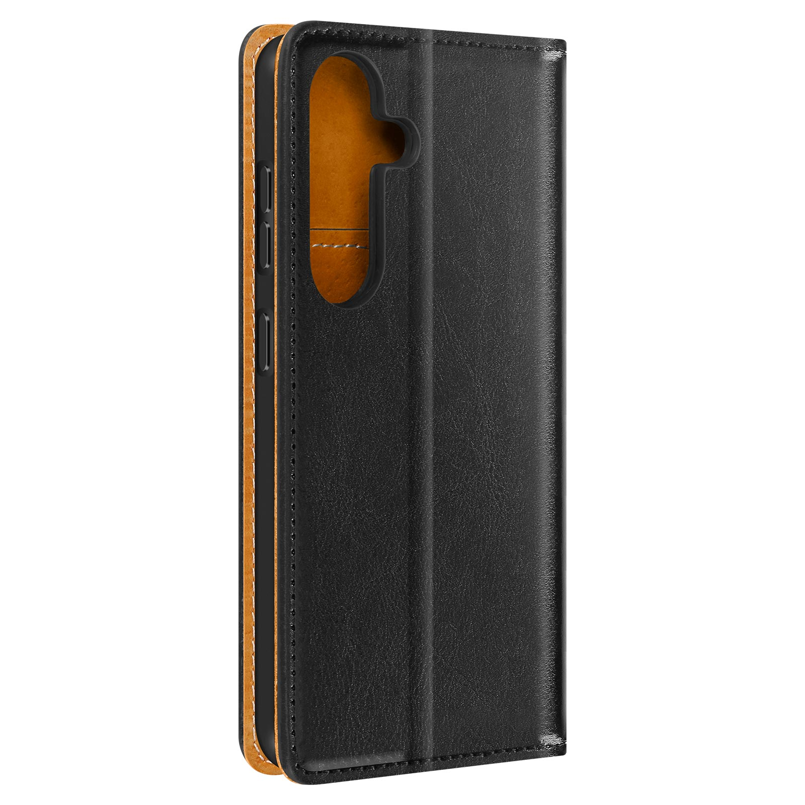 Custodia nera per telefono con interno arancione. Pulsanti e fotocamera del telefono visibili.