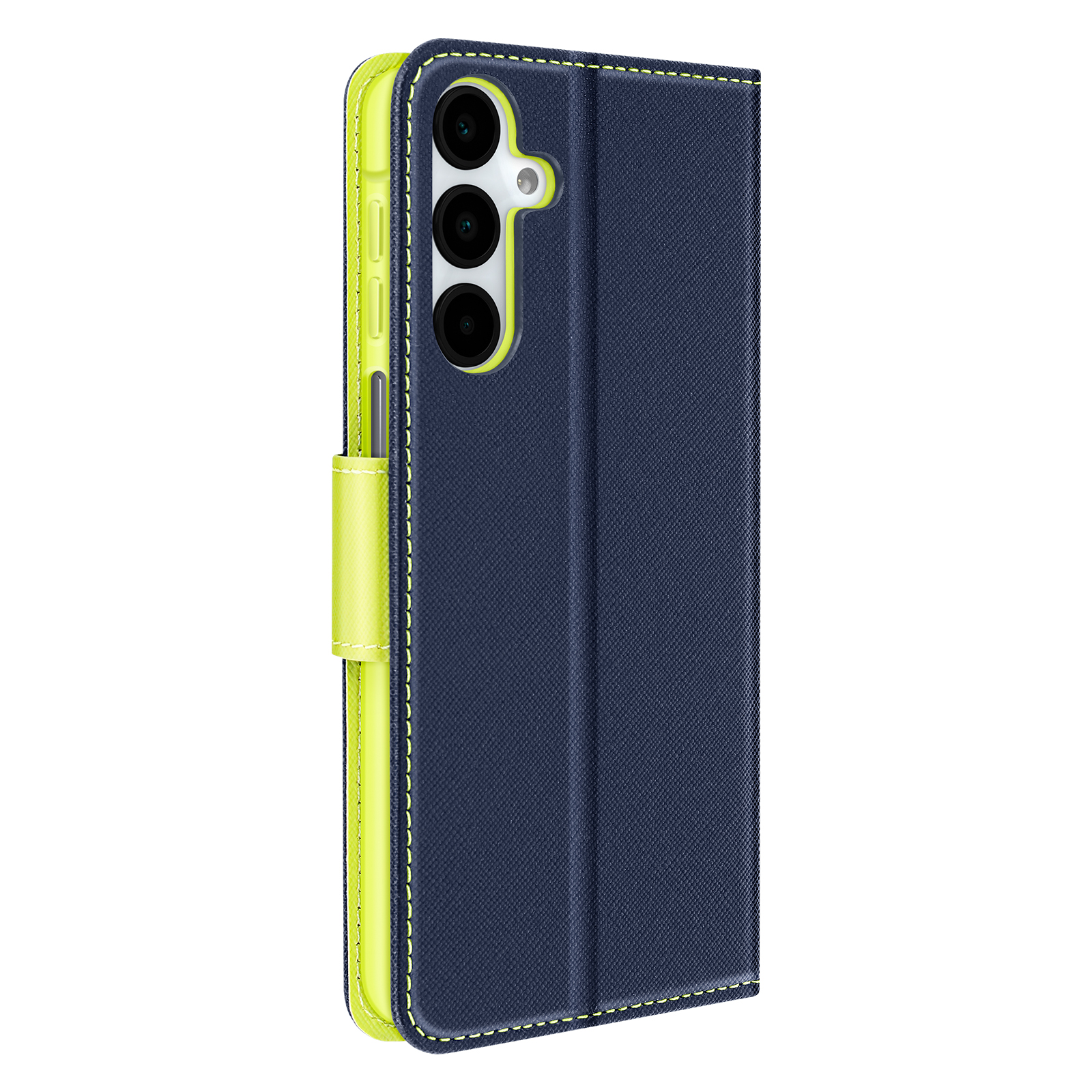 Custodia per telefono blu navy e gialla, aperta. Telefono all'interno. Cuciture bianche.