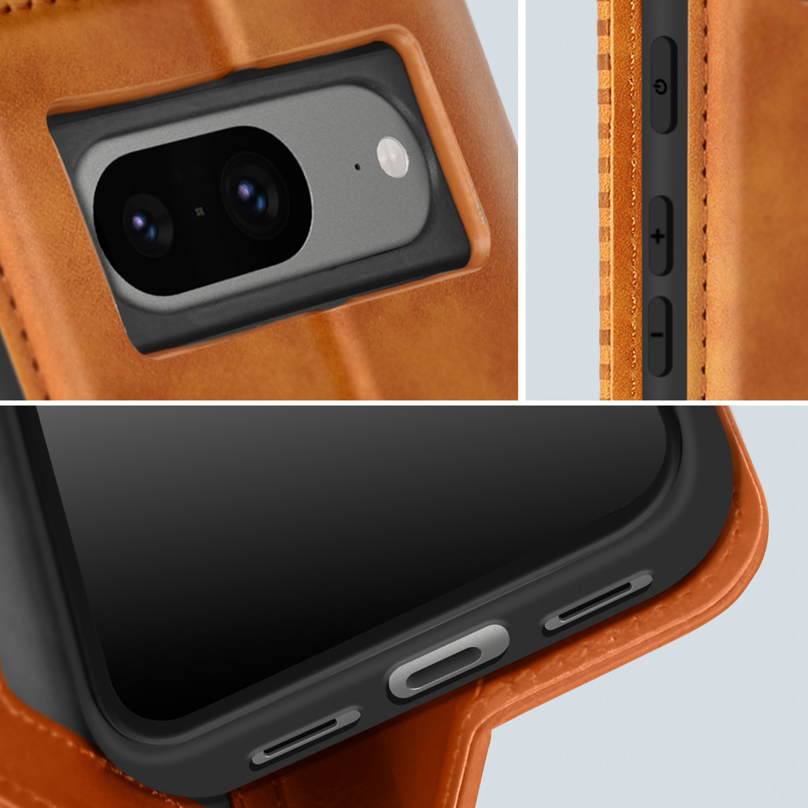 Primo piano della custodia marrone, l'obiettivo della fotocamera e i pulsanti sono visibili.