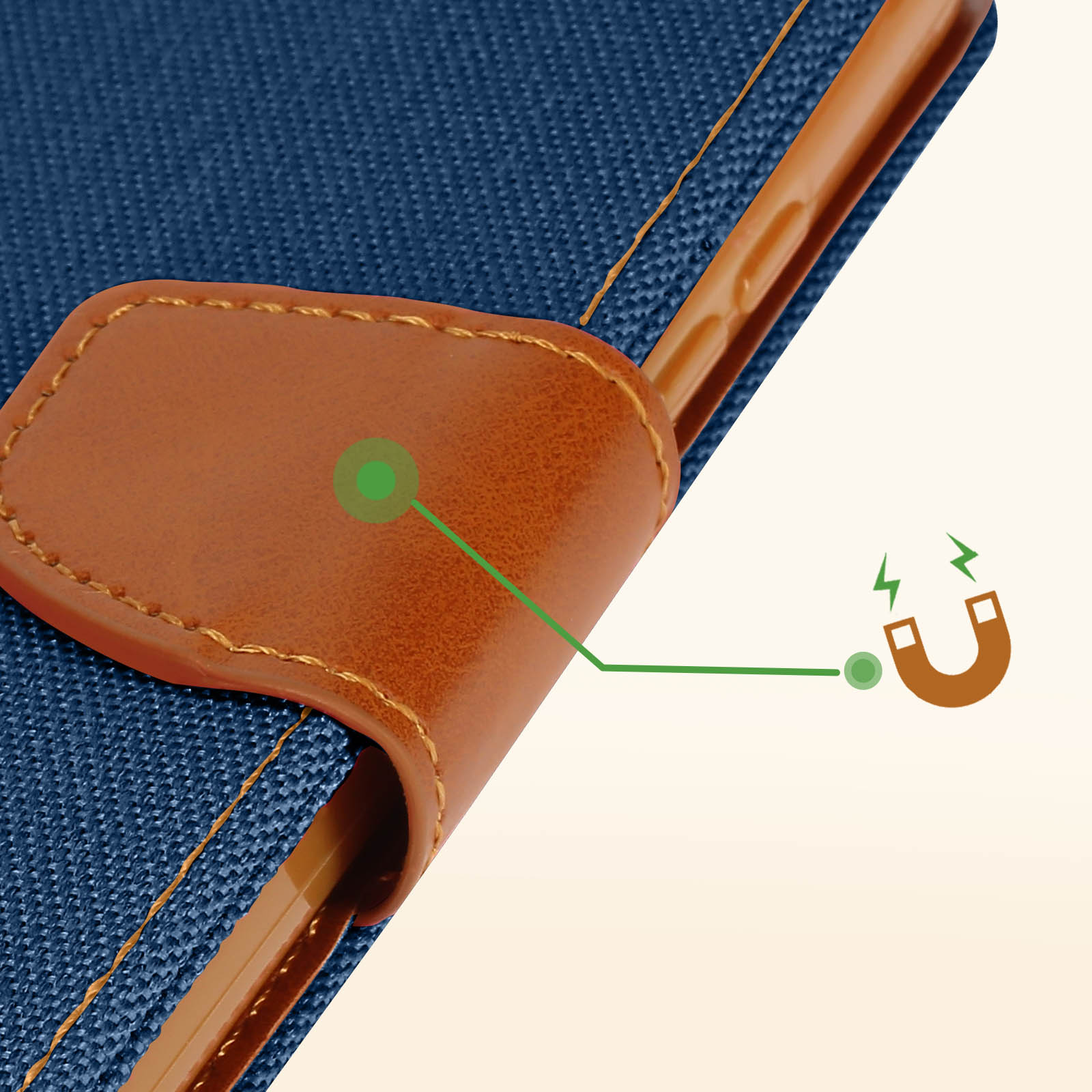 Custodia blu con accento in pelle marrone e icona magnetica verde.