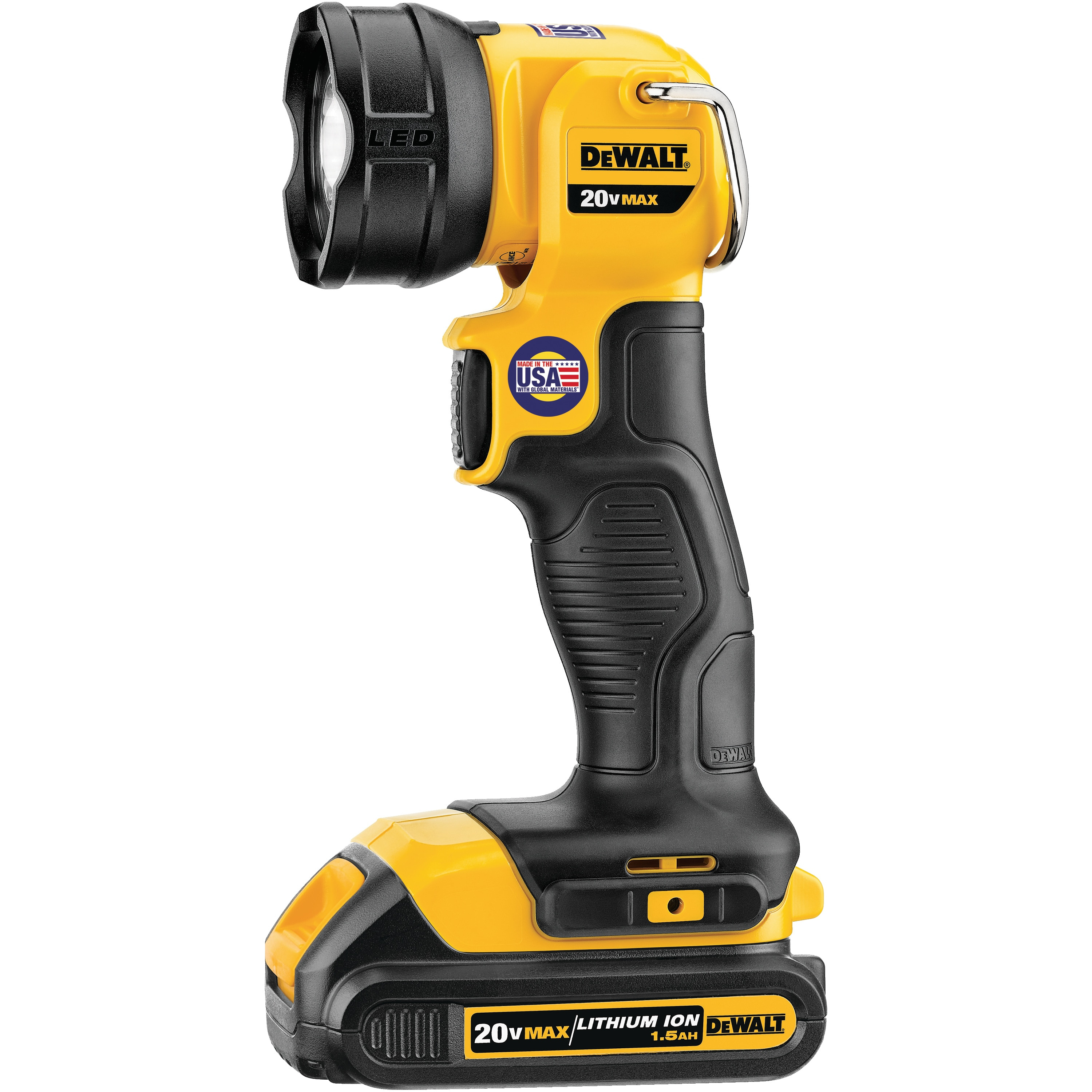 Żółto-czarna lampa robocza LED DeWalt. Ma czarny uchwyt i światło na górze.