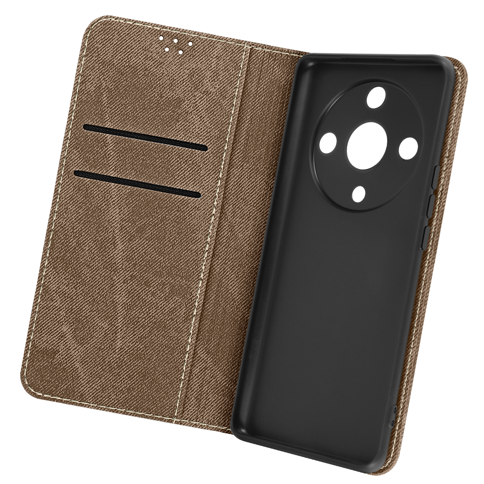 Custodia marrone aperta, con fessure per carte, sfondo bianco.
