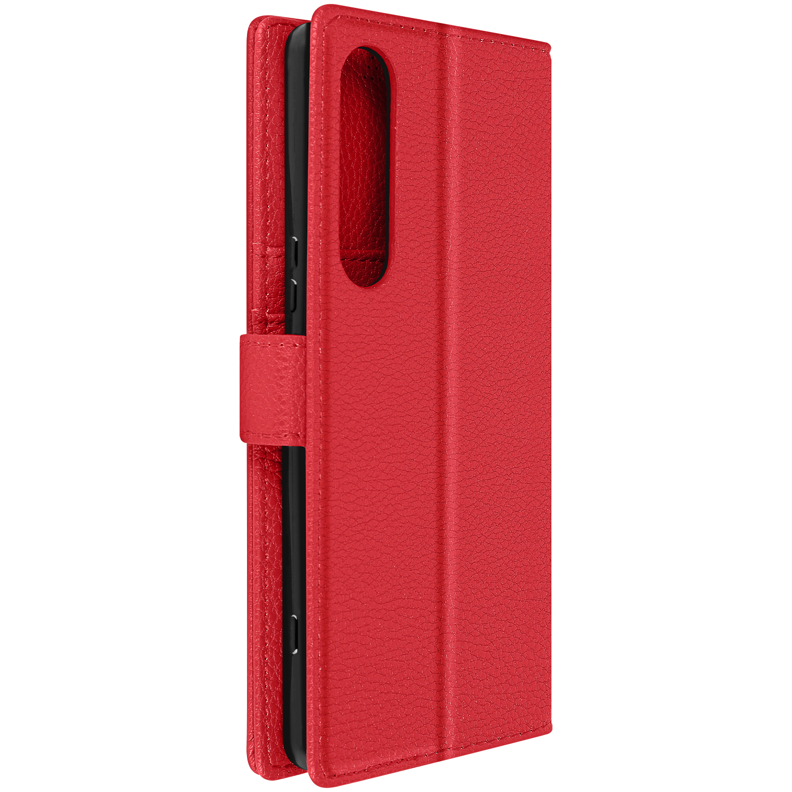 Custodia per telefono rossa chiusa. La custodia ha una trama in pelle.