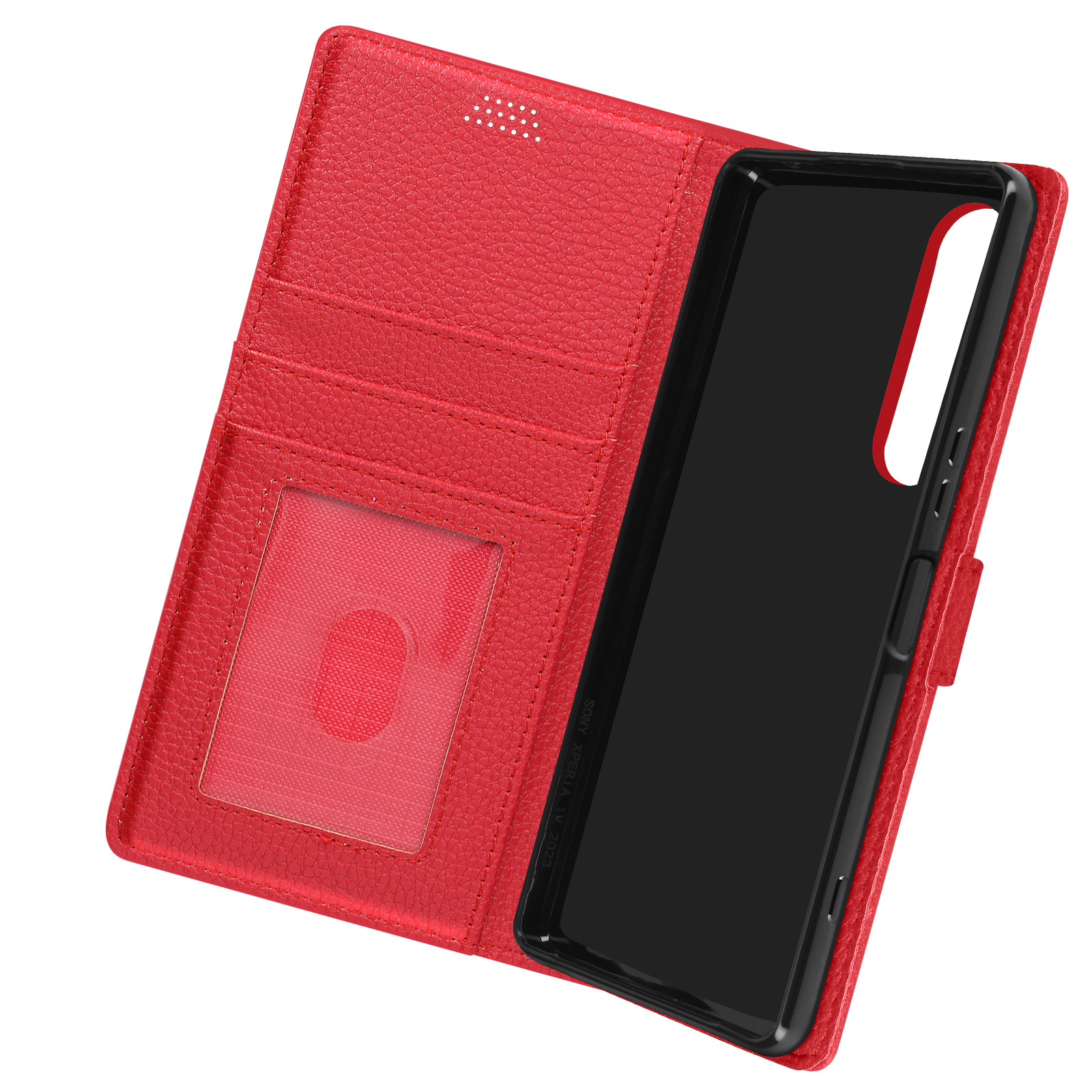Custodia per telefono rossa aperta, con una tasca trasparente e un telefono all'interno. La custodia ha una superficie strutturata.