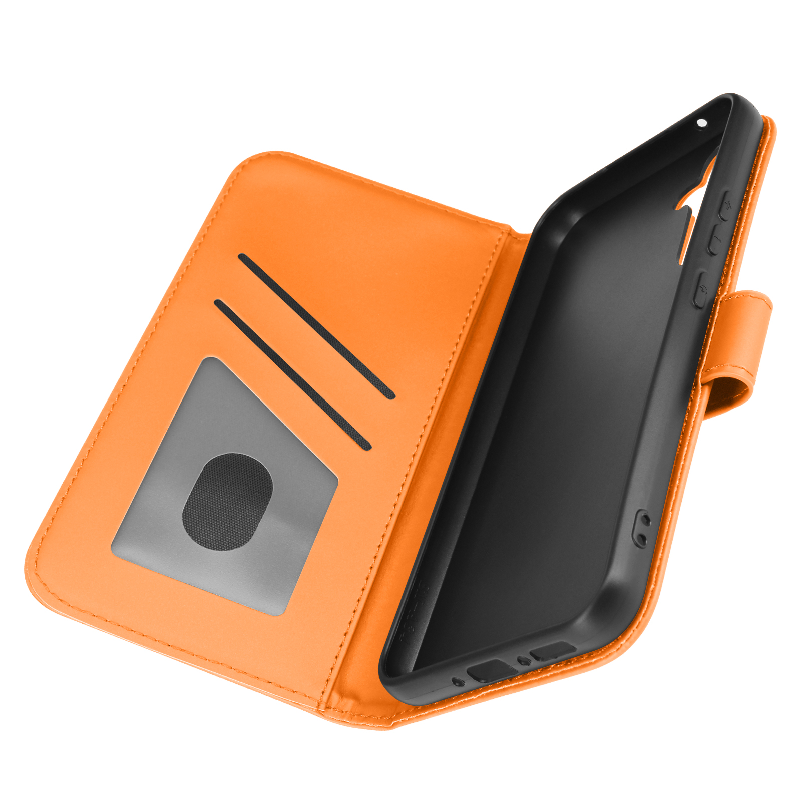 Custodia arancione per telefono aperta, che mostra il telefono all'interno con fessure per carte a sinistra.