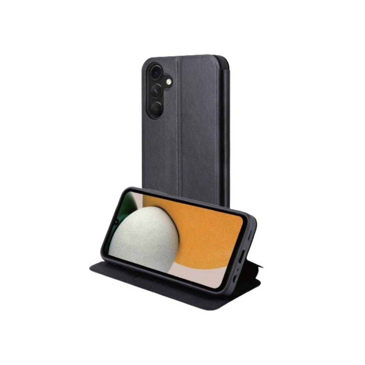 Custodia per telefono nera con telefono e rialzo della fotocamera su sfondo bianco.