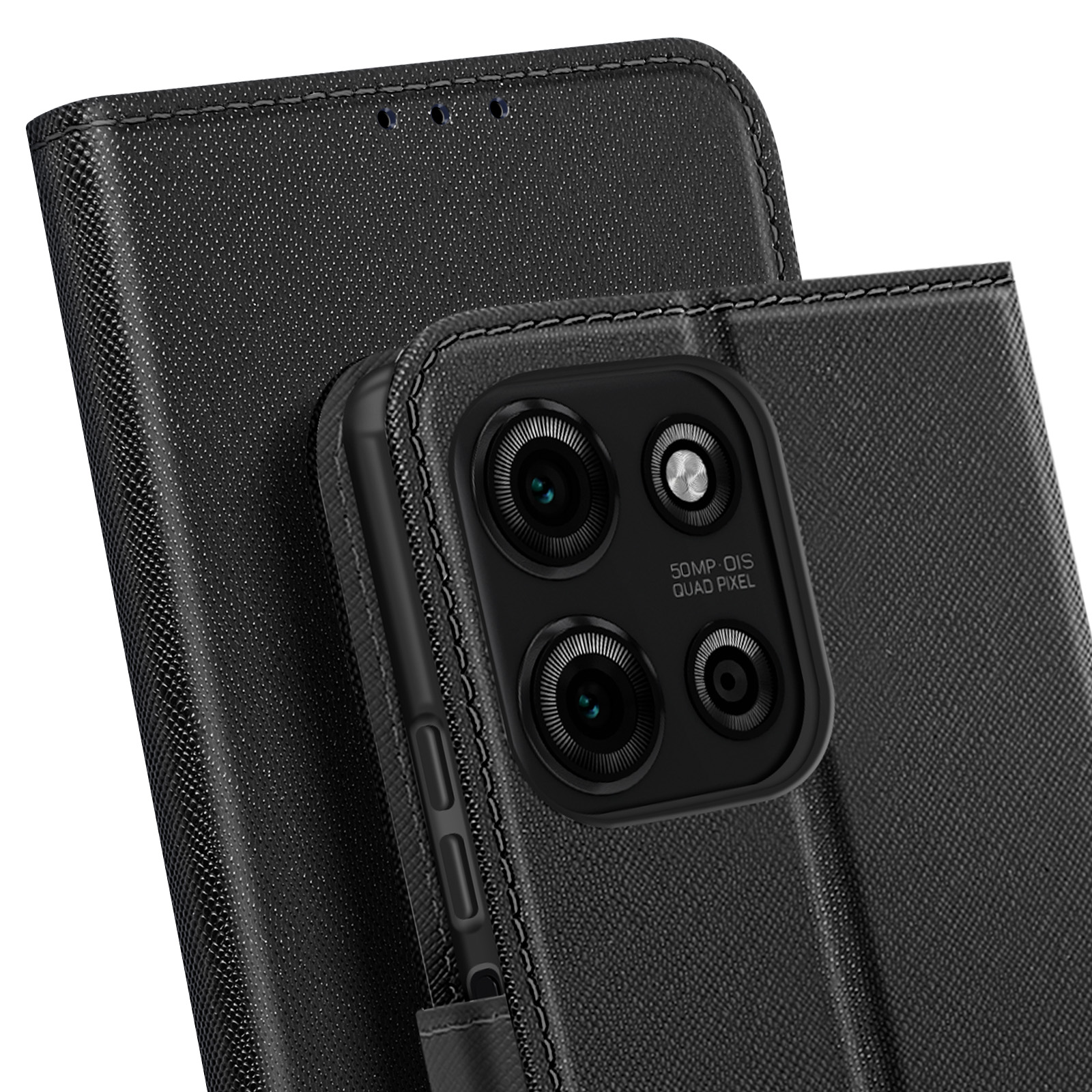 Custodia nera con modulo fotocamera. La fotocamera ha quattro lenti e la scritta "50MP OIS QUAD PIXEL".
