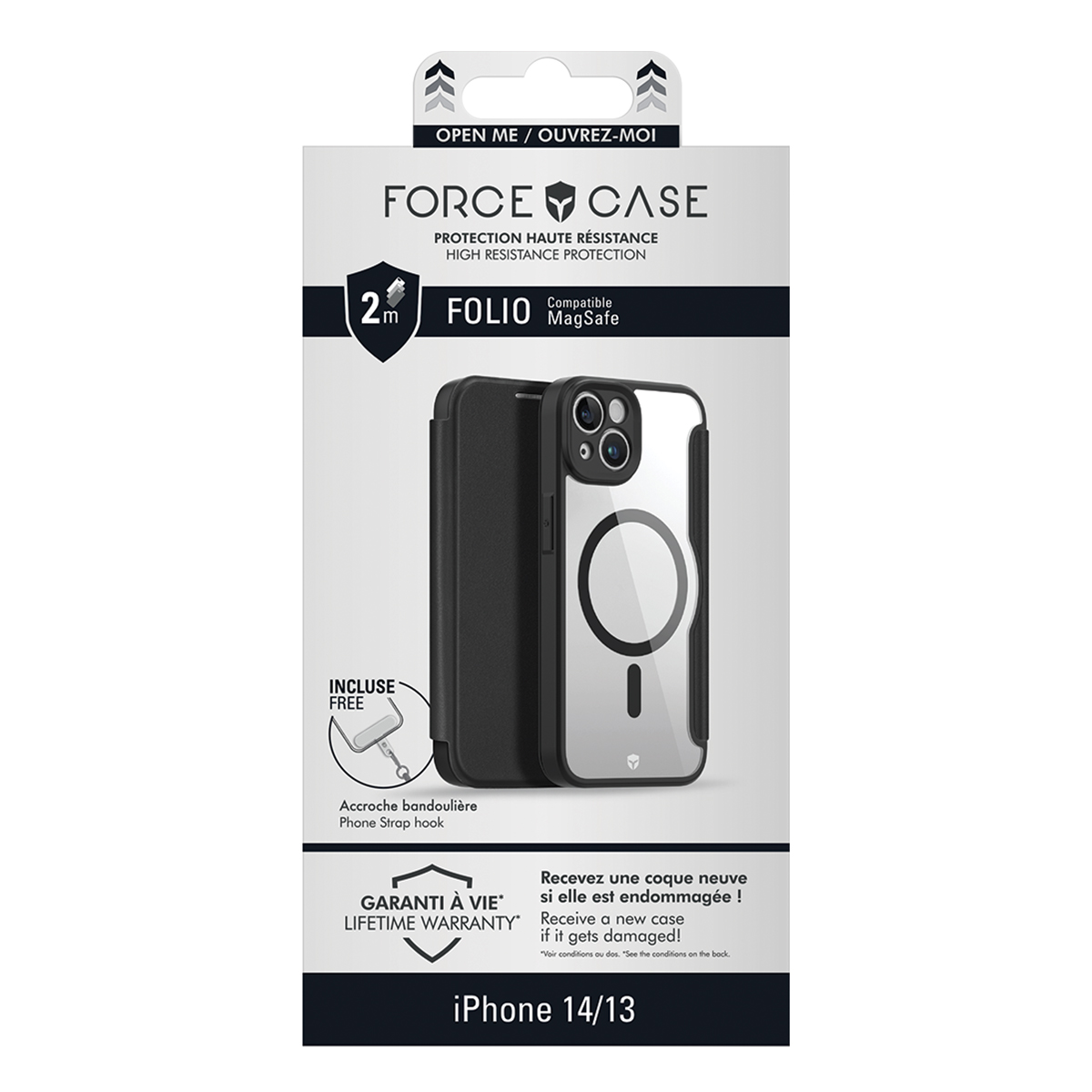 Confezione di custodia per telefono con una custodia all'interno, testo in francese e icone.