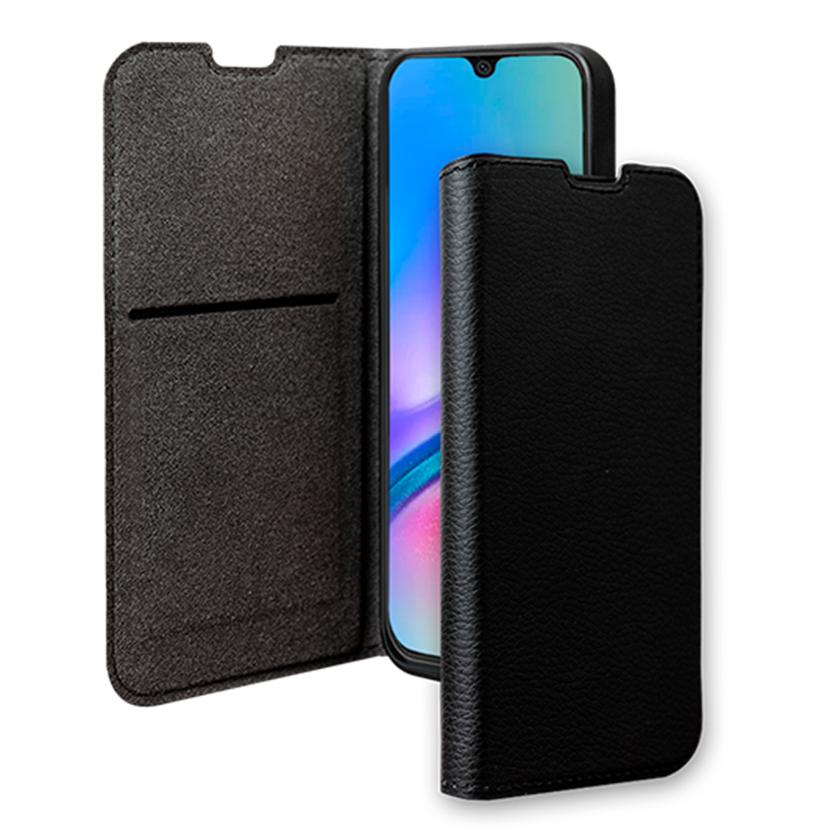 Custodia nera per telefono aperta, con lo schermo del telefono visibile, che mostra un display blu.