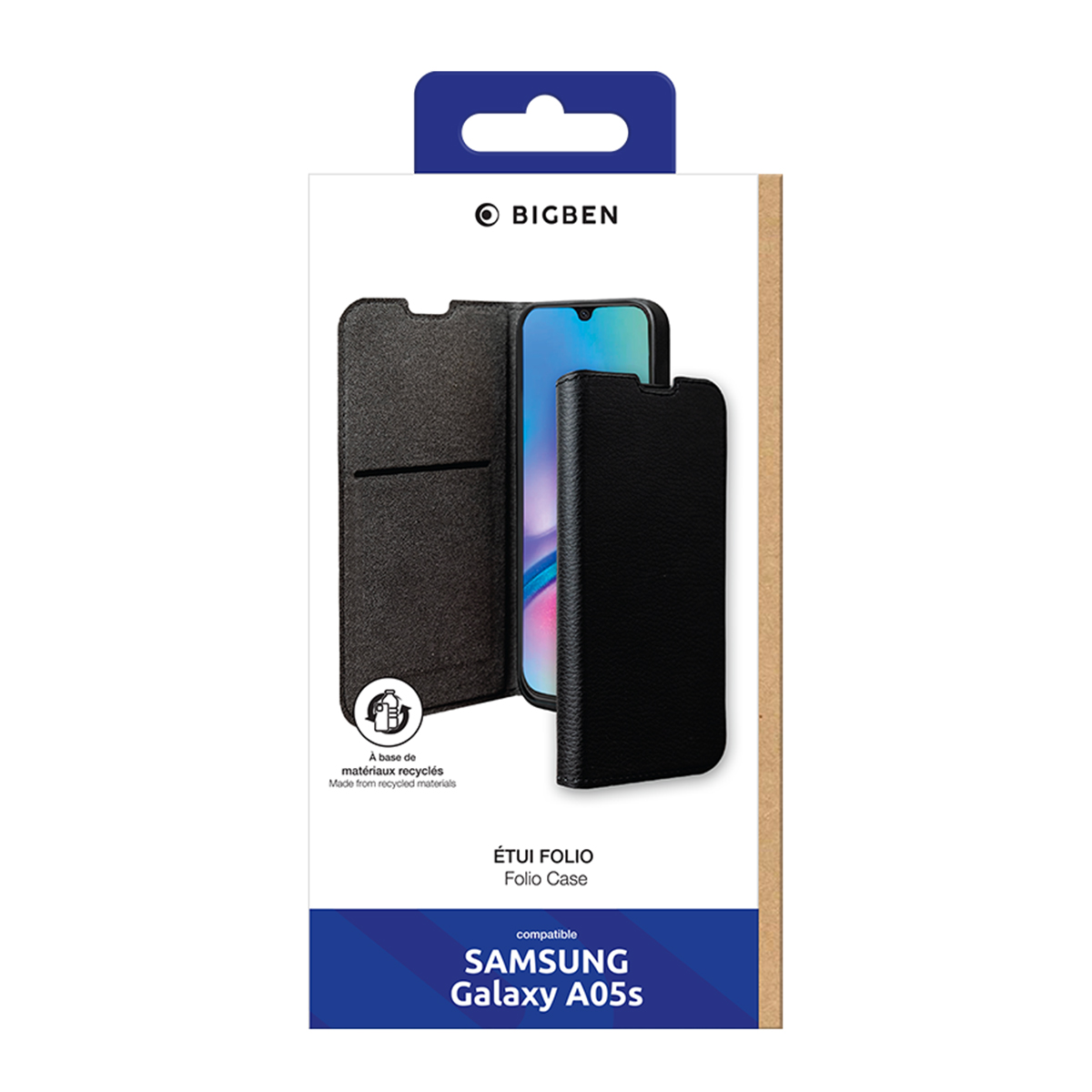 Scatola di imballaggio con una custodia per telefono all'interno. Il testo dice "Samsung Galaxy A05s".