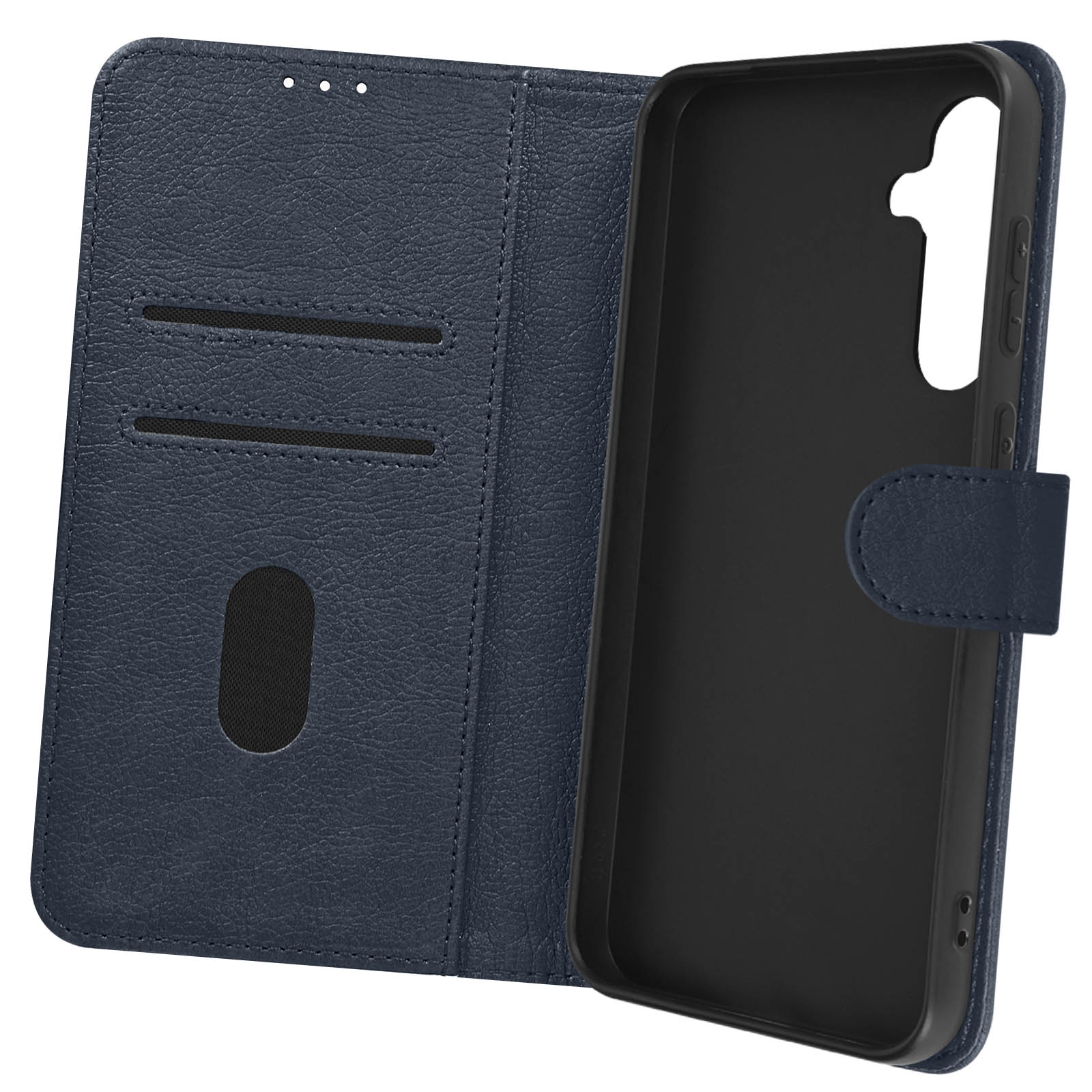 Custodia blu per telefono aperta, con scomparti per carte e interno nero.
