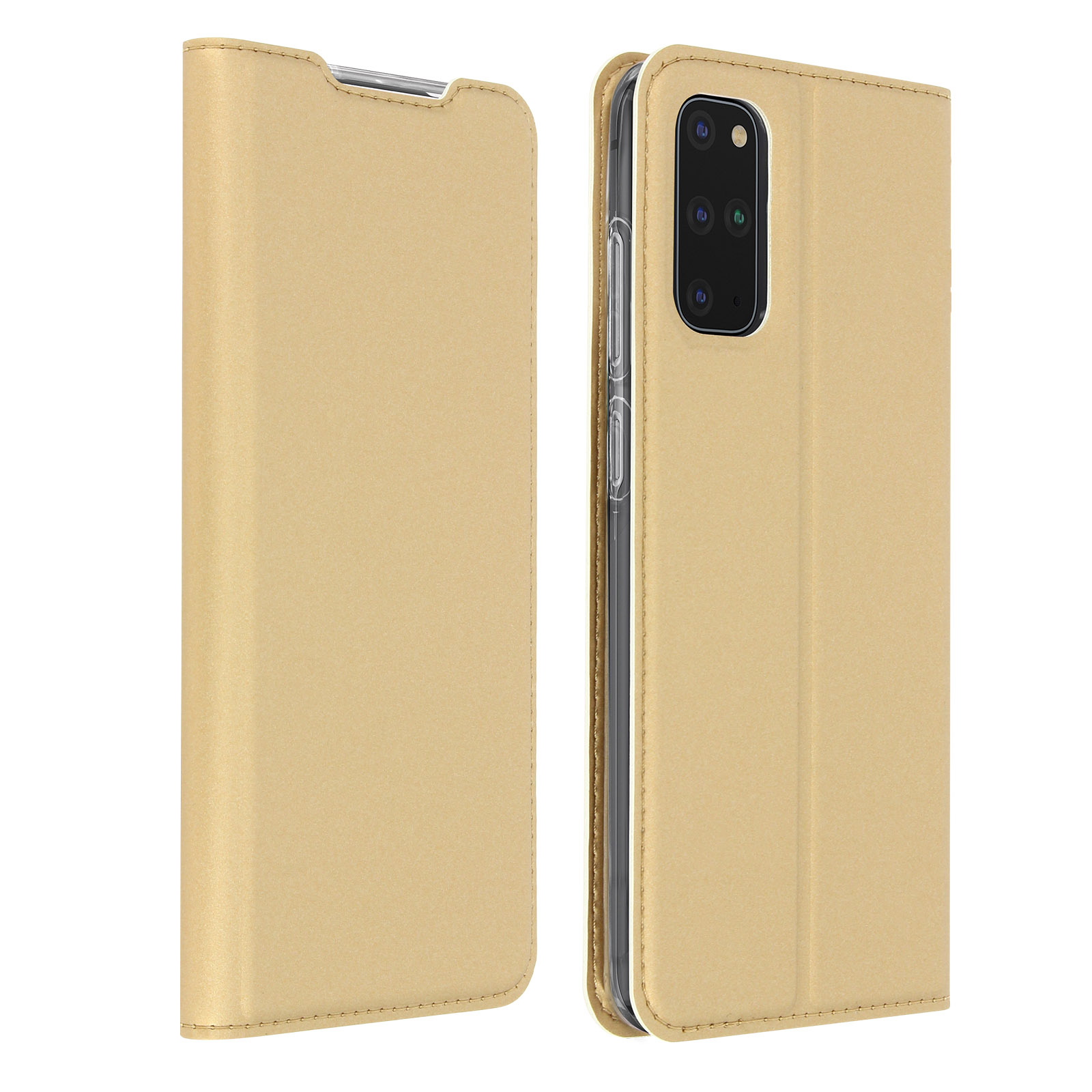 Una custodia per telefono dorata aperta, che rivela il telefono all'interno. La custodia è in pelle dorata.