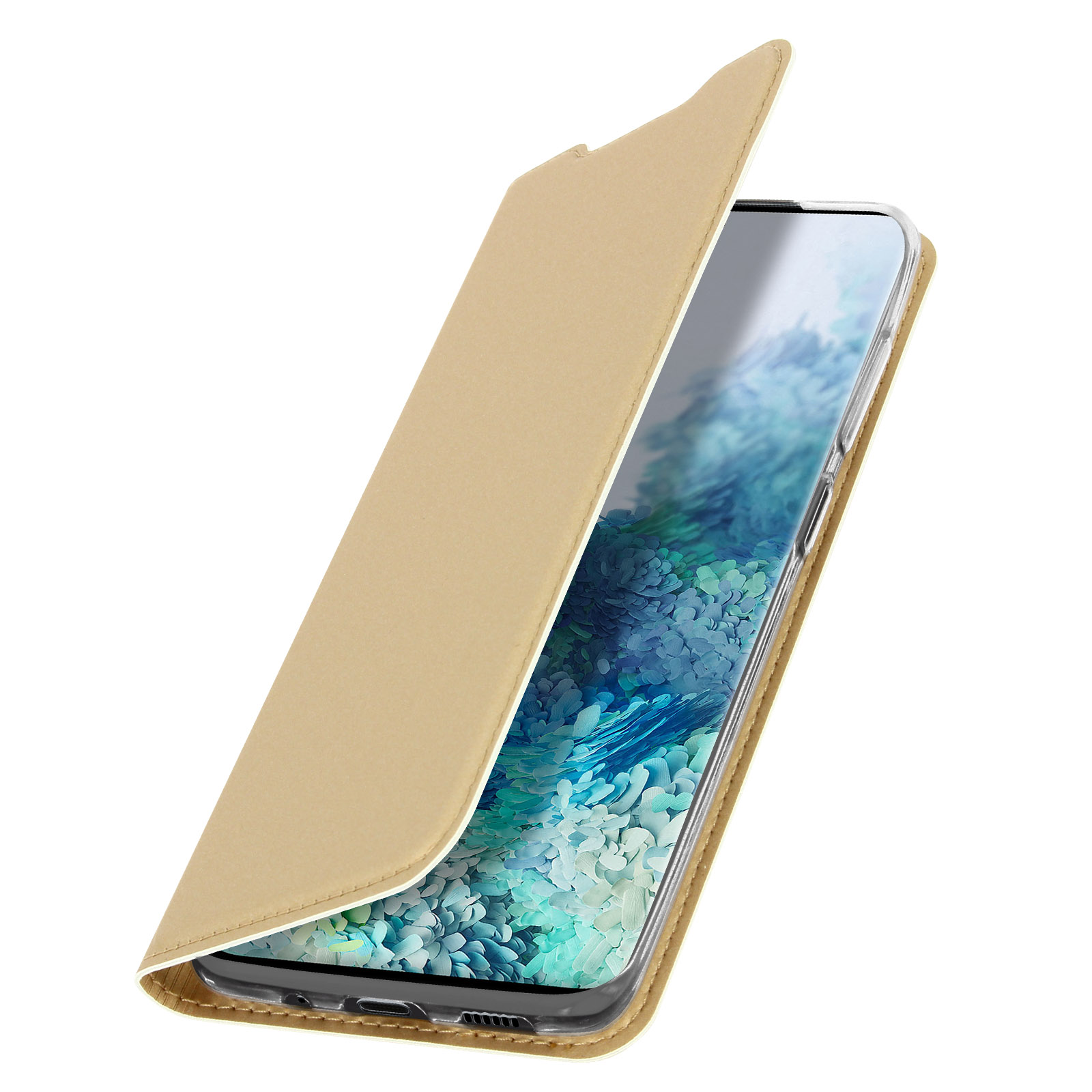 Una custodia per telefono che si apre, rivelando lo schermo. La custodia è dorata e lo schermo del telefono mostra uno sfondo blu.
