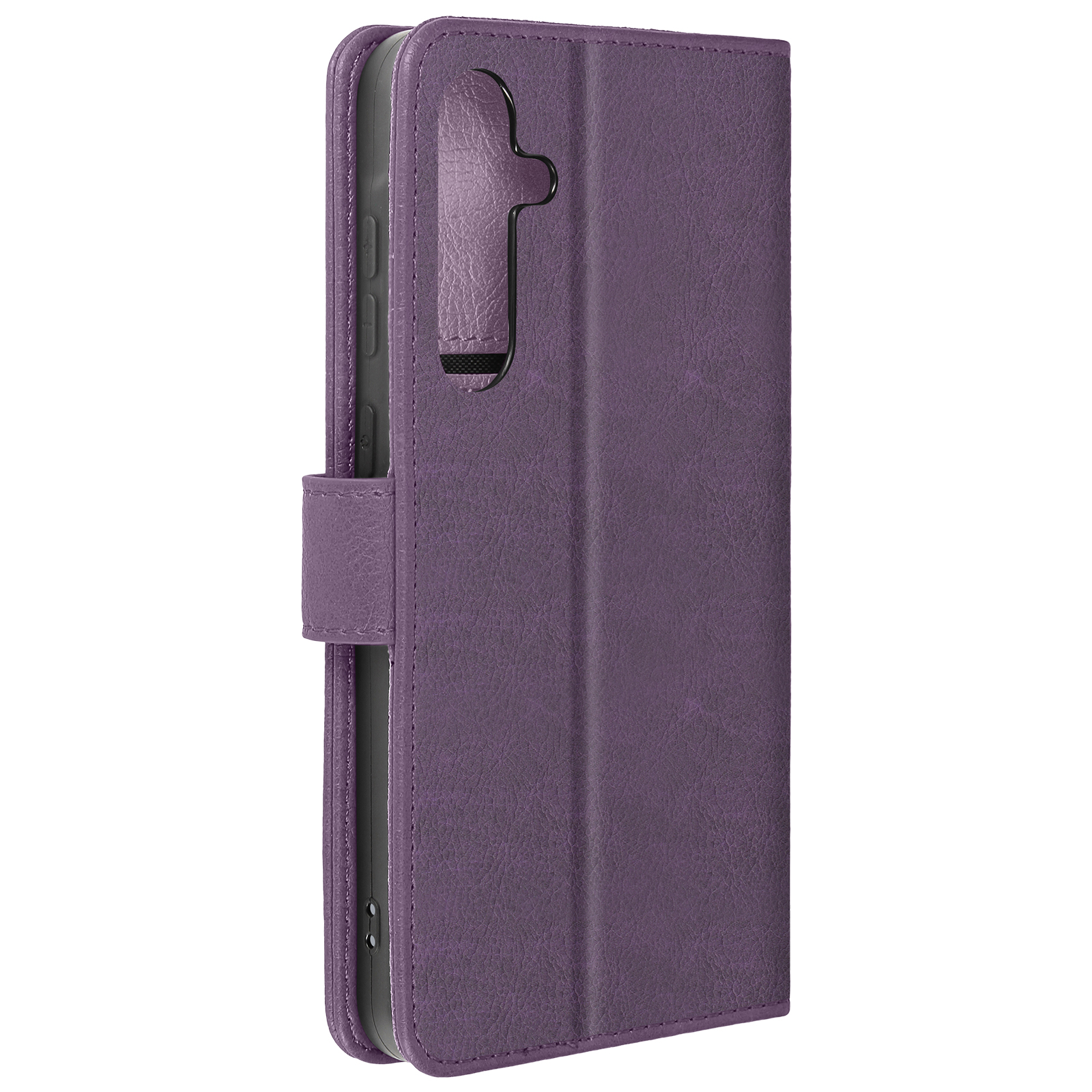 Custodia viola per telefono, chiusa. Ha superficie strutturata e chiusura magnetica.