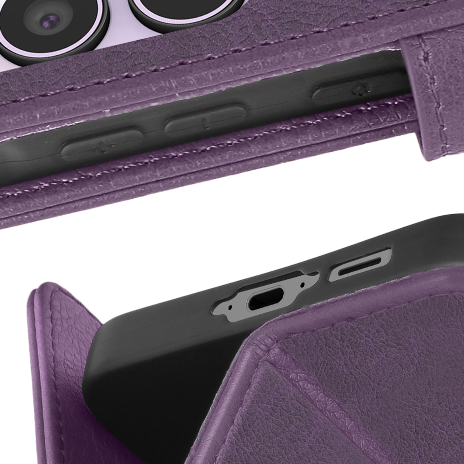 Primo piano di una custodia viola. Pulsanti e porte del telefono visibili. Materiale in pelle.