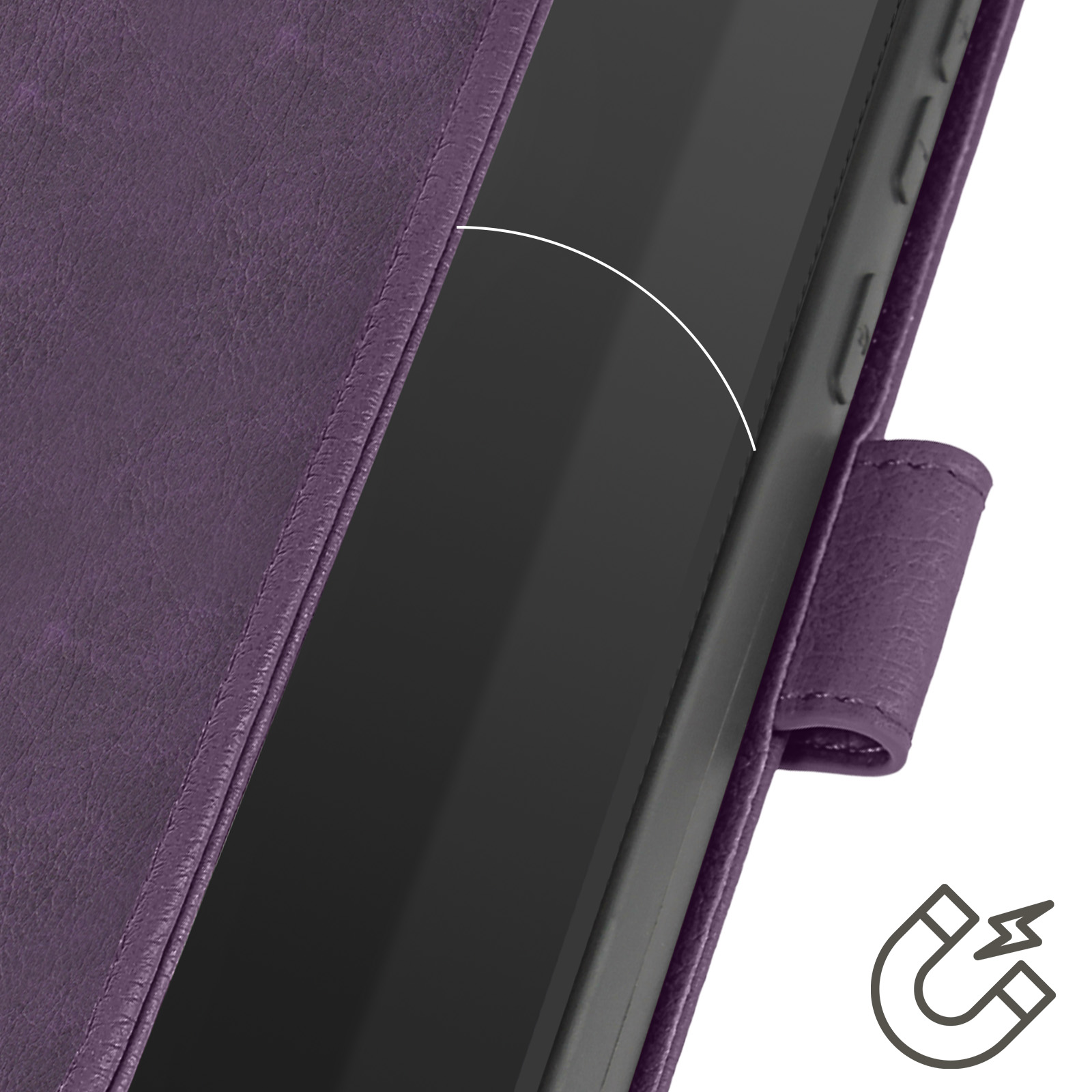 Custodia per telefono in pelle viola con telefono nero. Icona magnete in basso a destra.