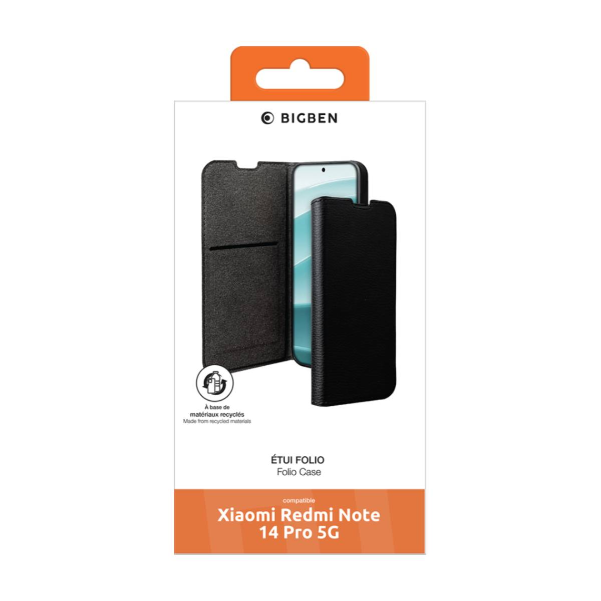 Custodia a portafoglio in scatola. Custodia nera con telefono all'interno. Logo 'Bigben'. 'Xiaomi Redmi Note 14 Pro 5G'.