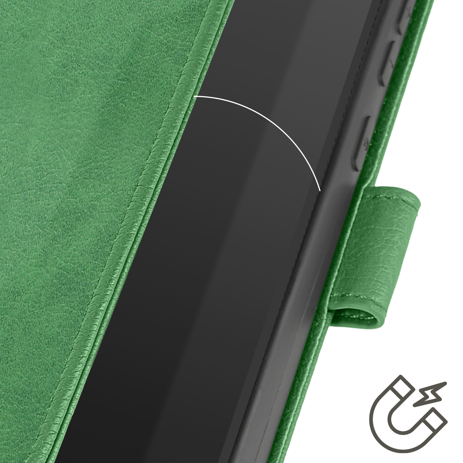 Custodia verde aperta, con telefono nero e simbolo magnete.
