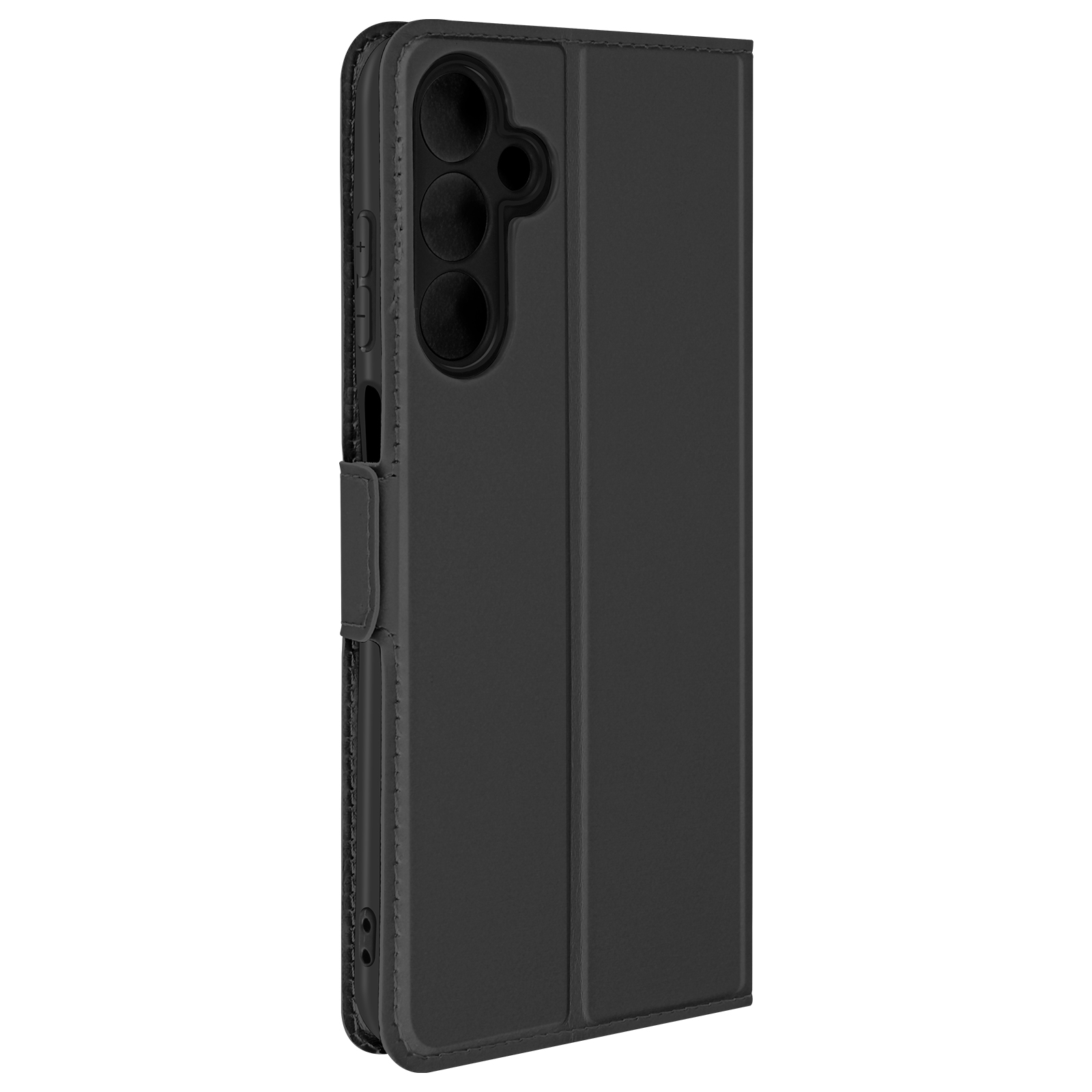 Custodia per telefono nera con tre ritagli per fotocamera. Chiusa, ha una superficie liscia. Cuciture visibili sui bordi.