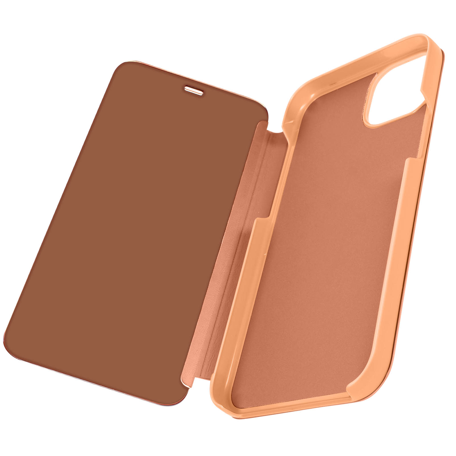 Custodia per telefono aperta con cornice arancione, copertura marrone e interno. La custodia è inclinata.