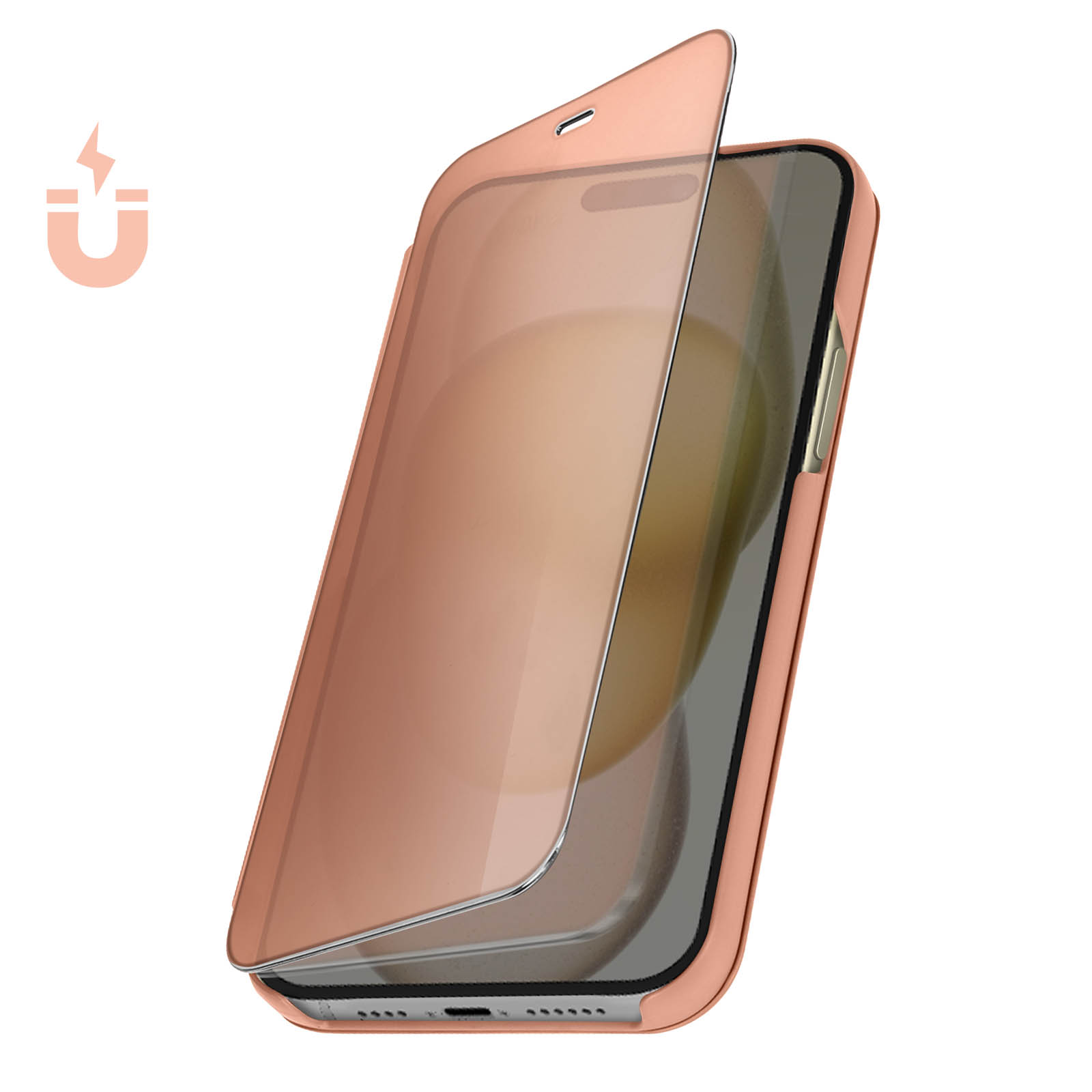 Custodia per telefono oro rosa aperta. Simbolo magnetico stilizzato in alto a sinistra.