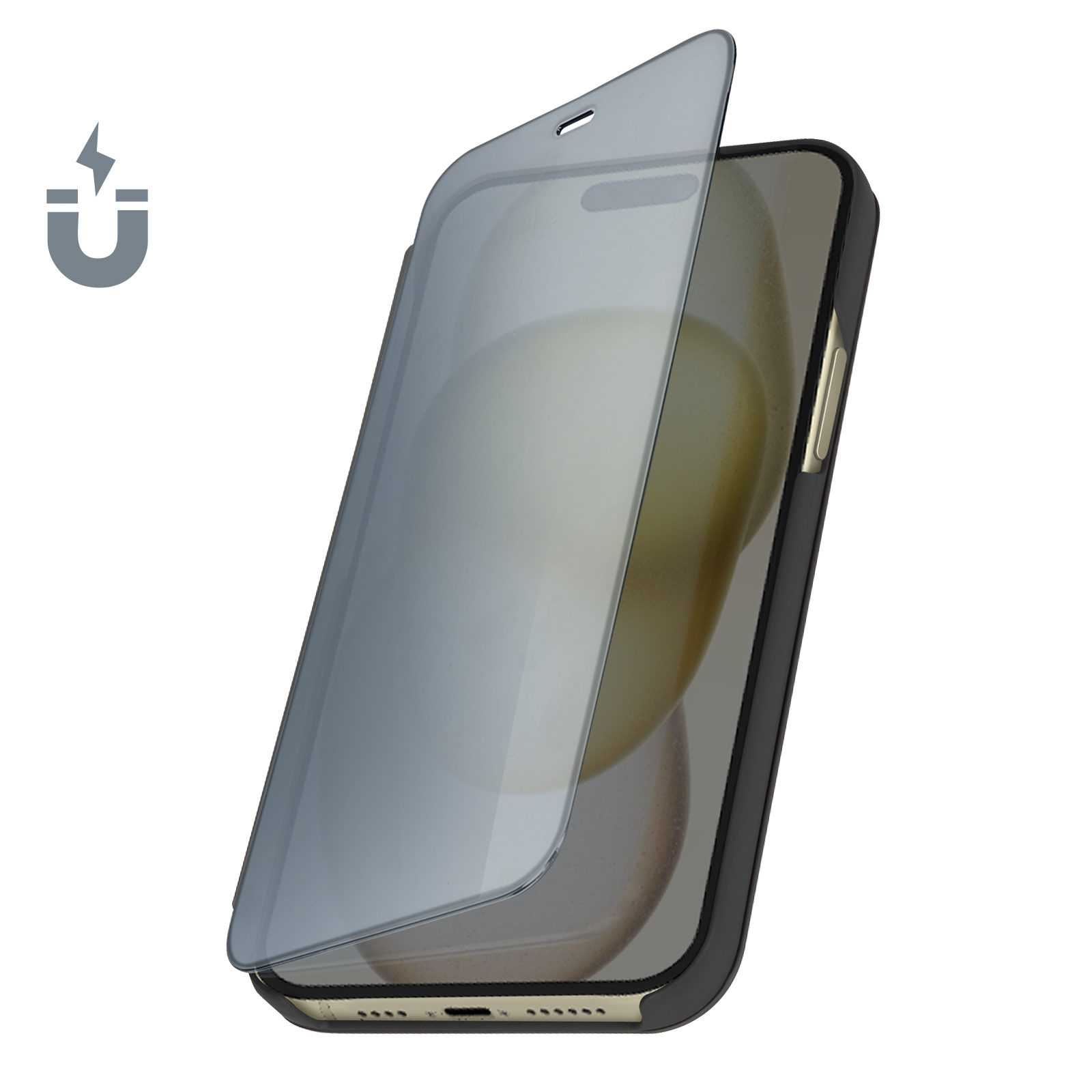 Un telefono con una copertura grigia parzialmente aperta, con un simbolo magnetico.