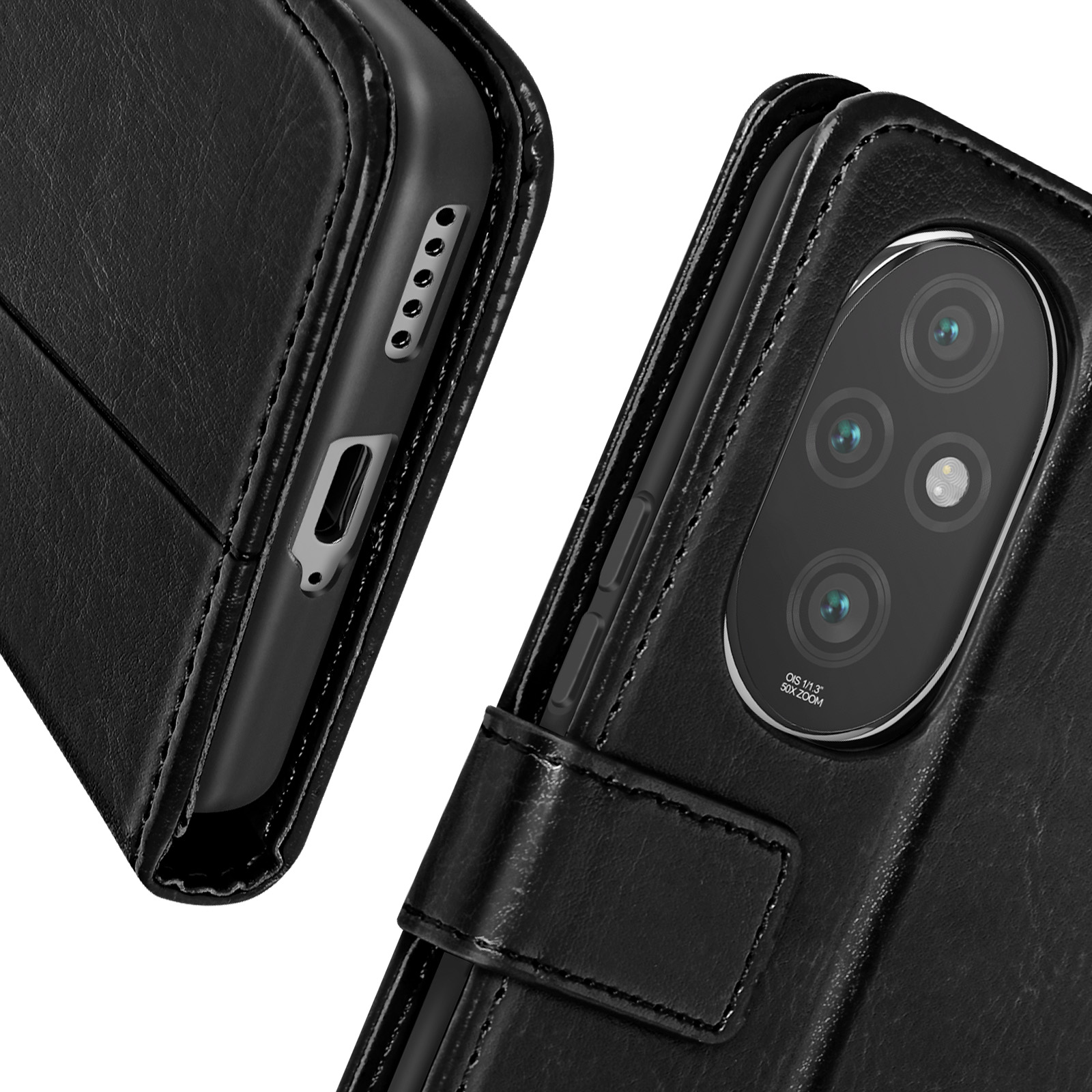 Primo piano di una custodia per telefono nera, aperta. Mostra la fotocamera e una porzione del lato del telefono.