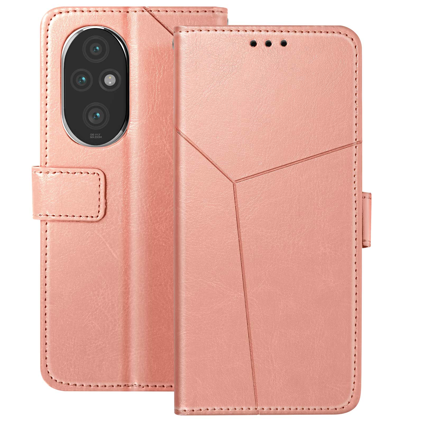 Custodia rosa per telefono, con telefono all'interno, chiusa. La custodia ha un design geometrico sul davanti.