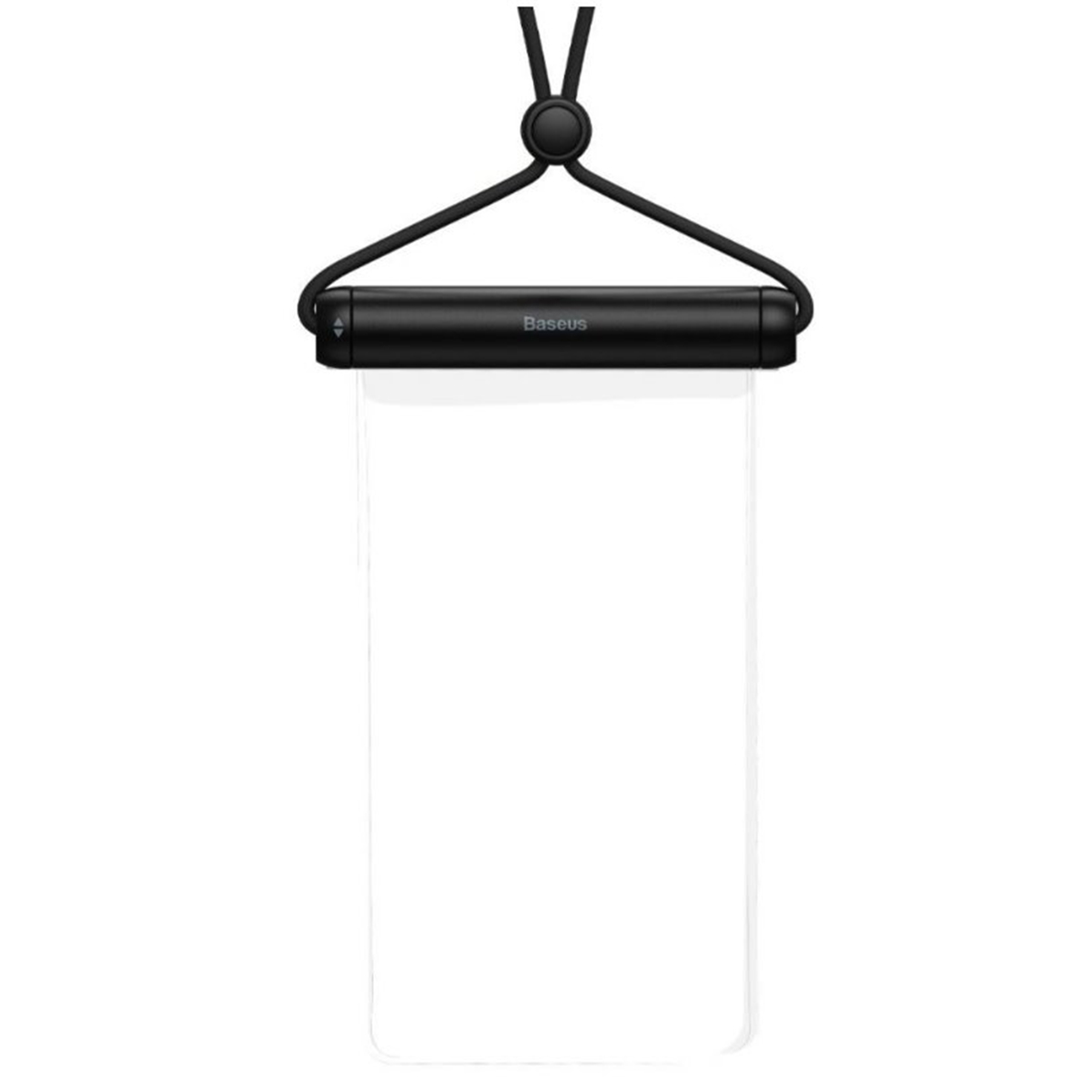 Przezroczyste, wodoodporne etui na telefon z czarnym paskiem.
