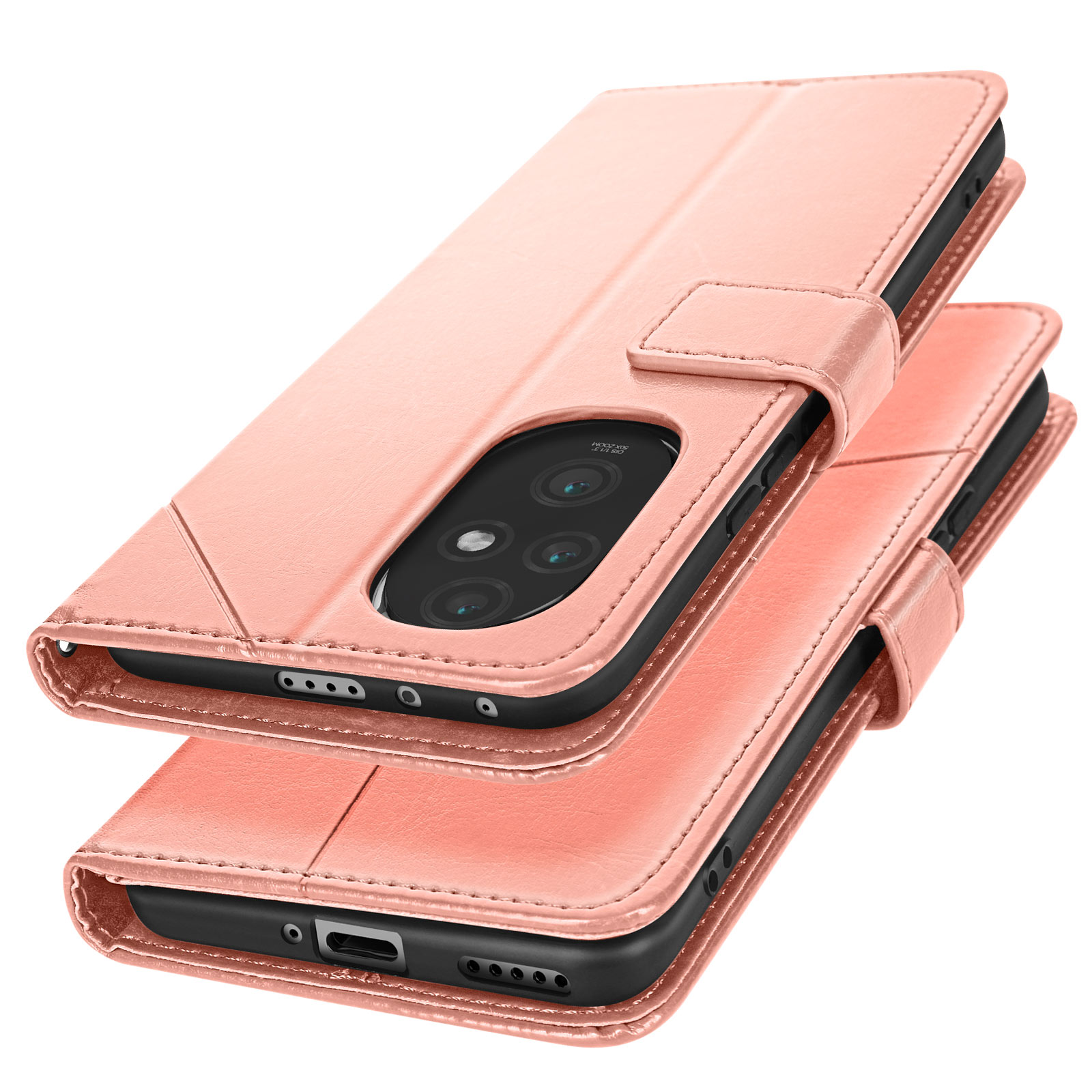 Custodia per telefono rosa, chiusa. Ha quattro obiettivi della fotocamera. Sfondo bianco.