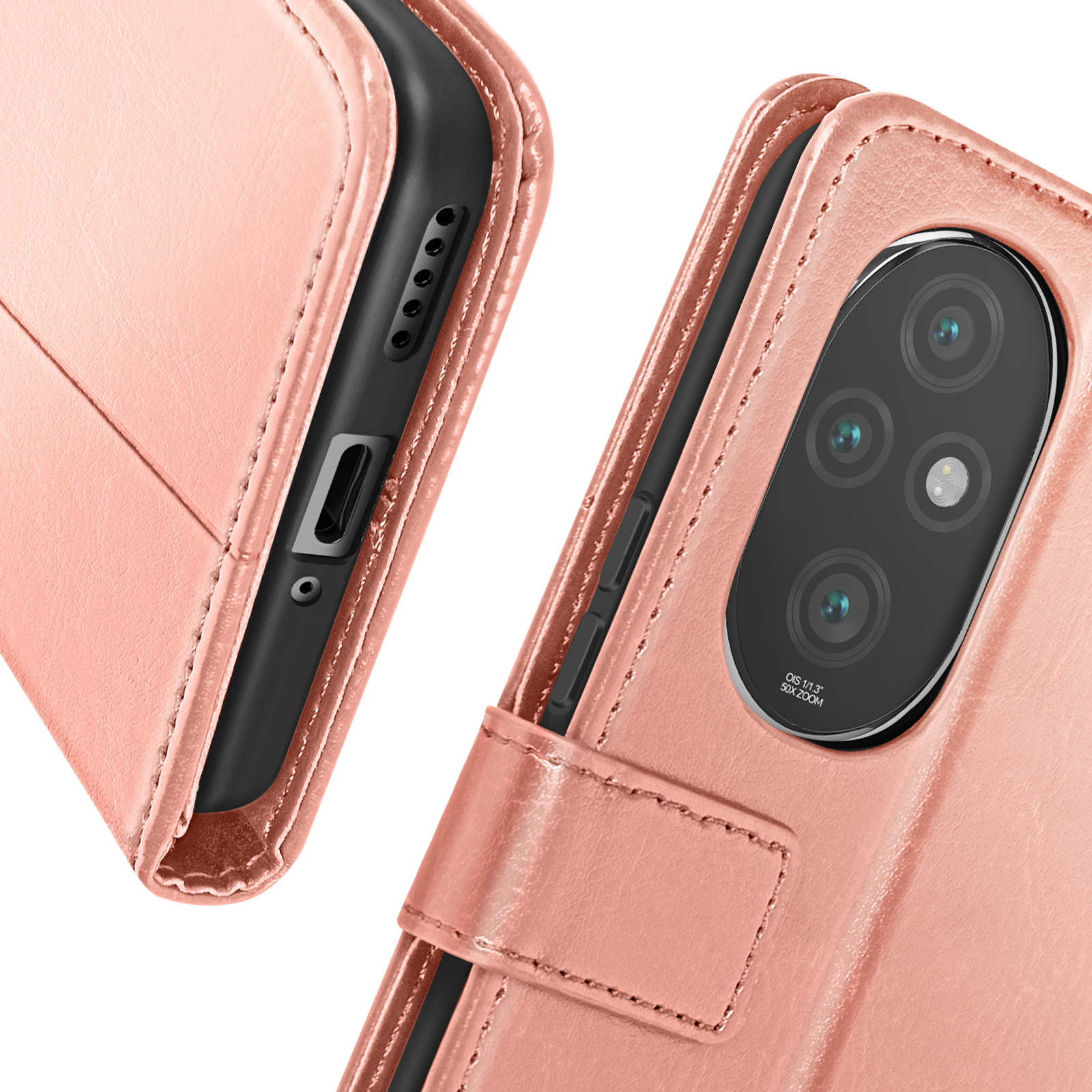 Custodia rosa per telefono, aperta, che mostra il lato del telefono con i pulsanti e la fotocamera.