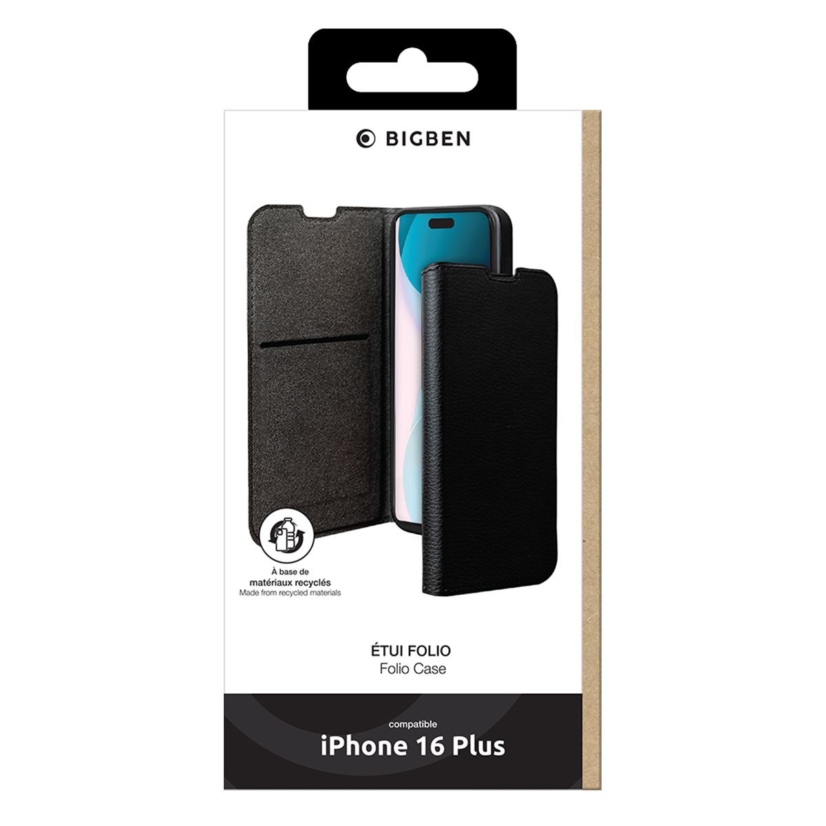 Verpackungskarton für eine schwarze Handyhülle mit einem Telefon darin. Die Hülle ist offen.