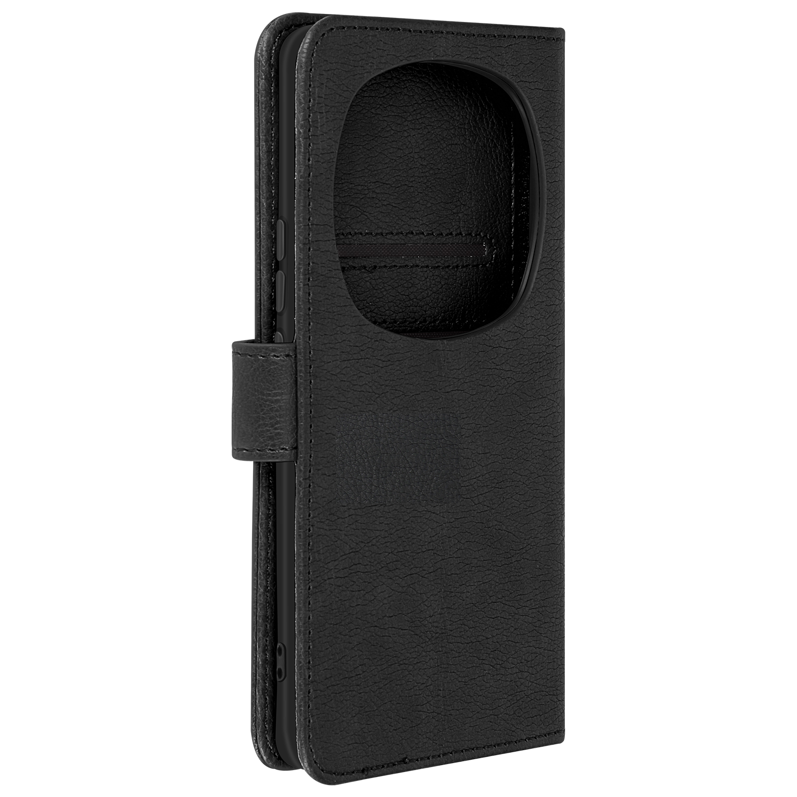 Custodia nera, chiusa, con apertura circolare per fotocamera e cinturino.