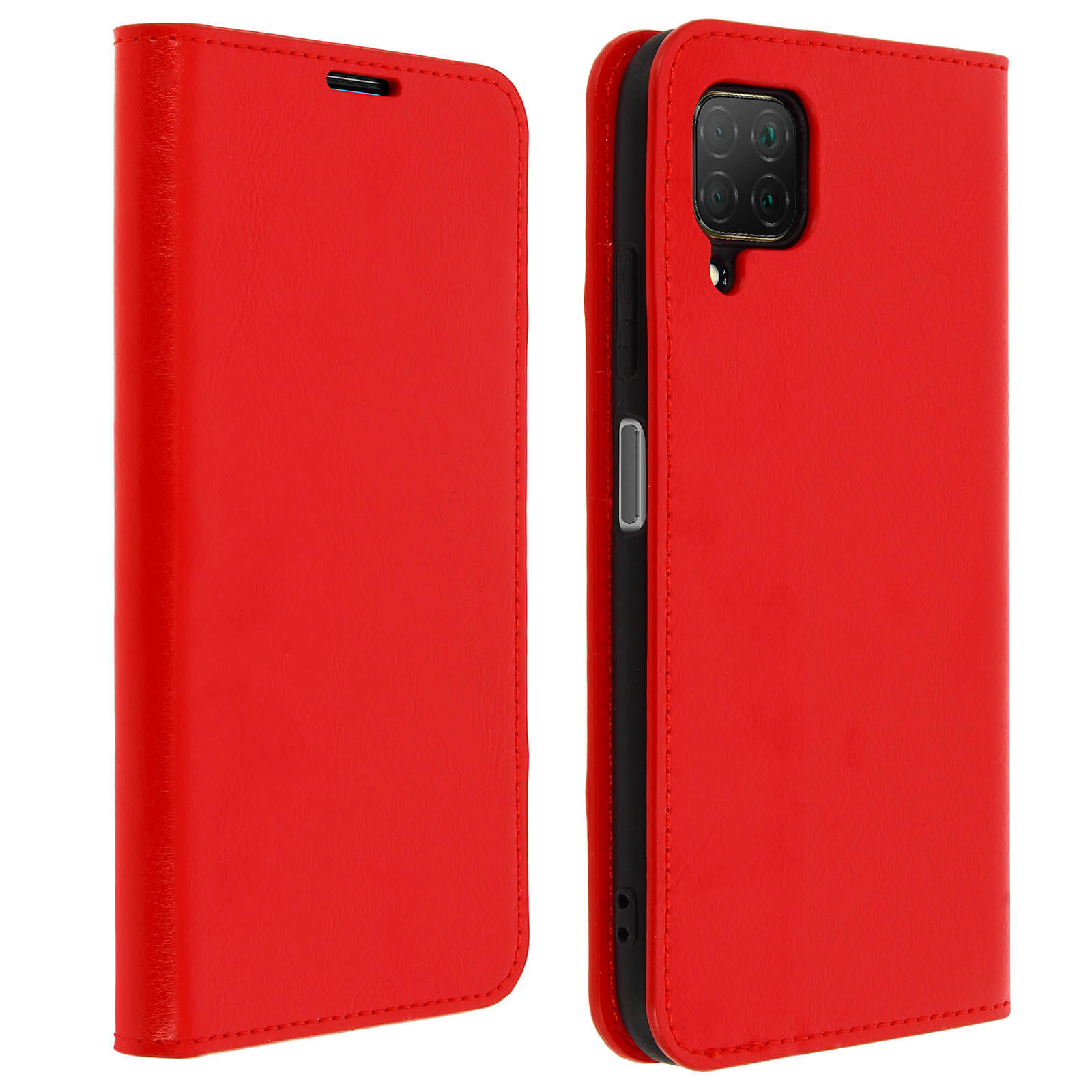 Custodia rossa, aperta, rivela un telefono. Lato sinistro è la cover, lato destro con telefono.