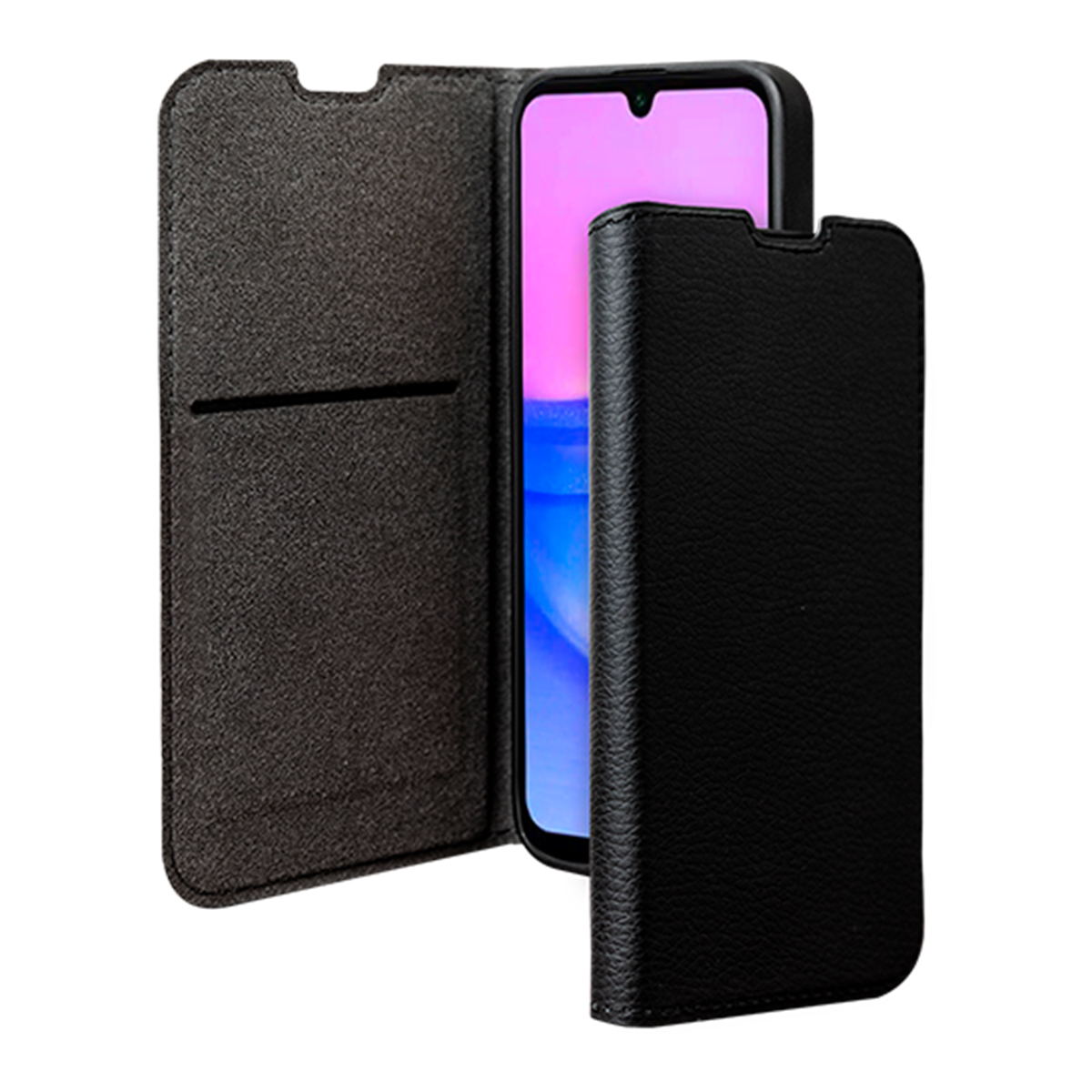 Funda negra, abierta, con teléfono dentro, pantalla con tonos rosa y azul.