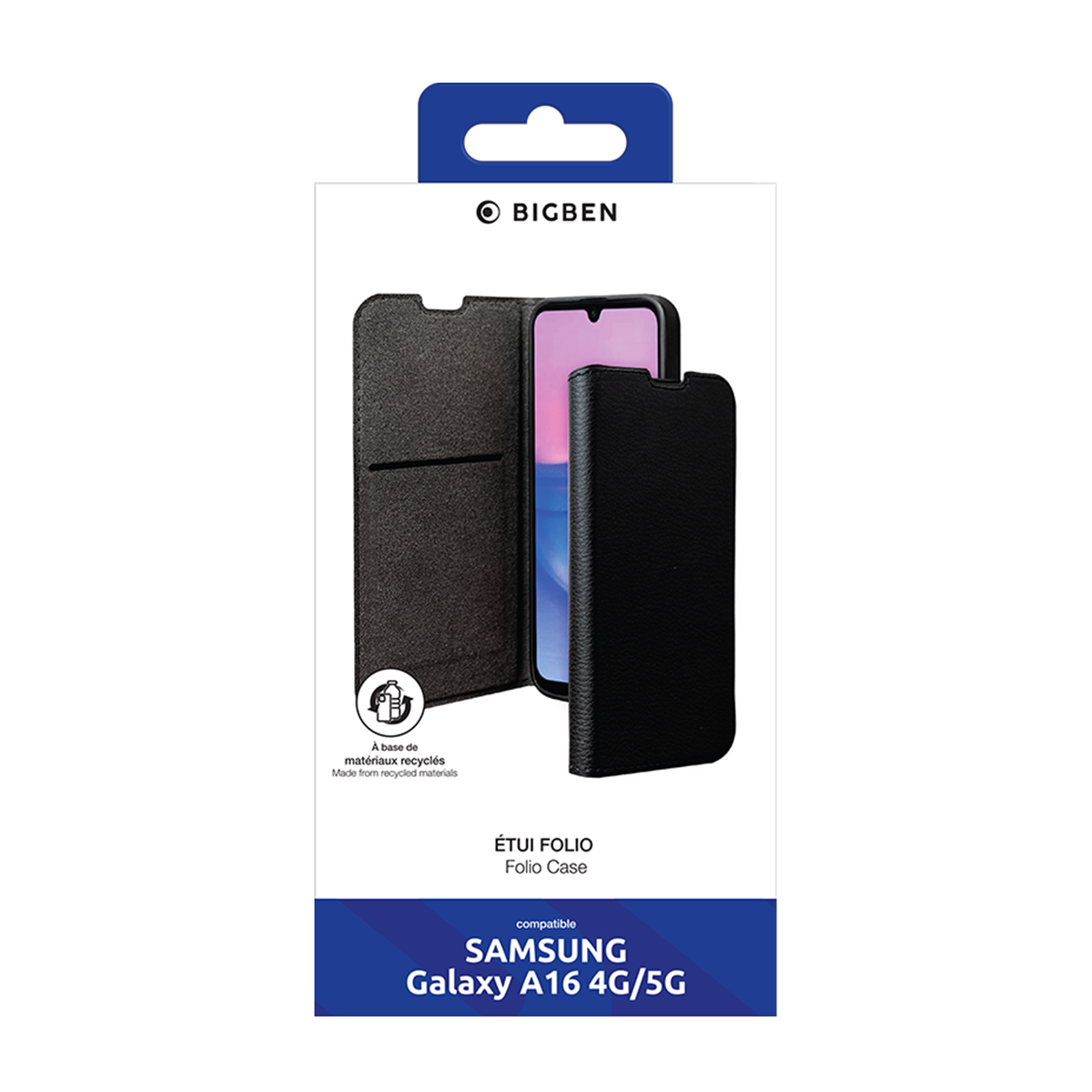Embalaje de funda de teléfono que muestra un teléfono en una funda y el nombre de la marca.