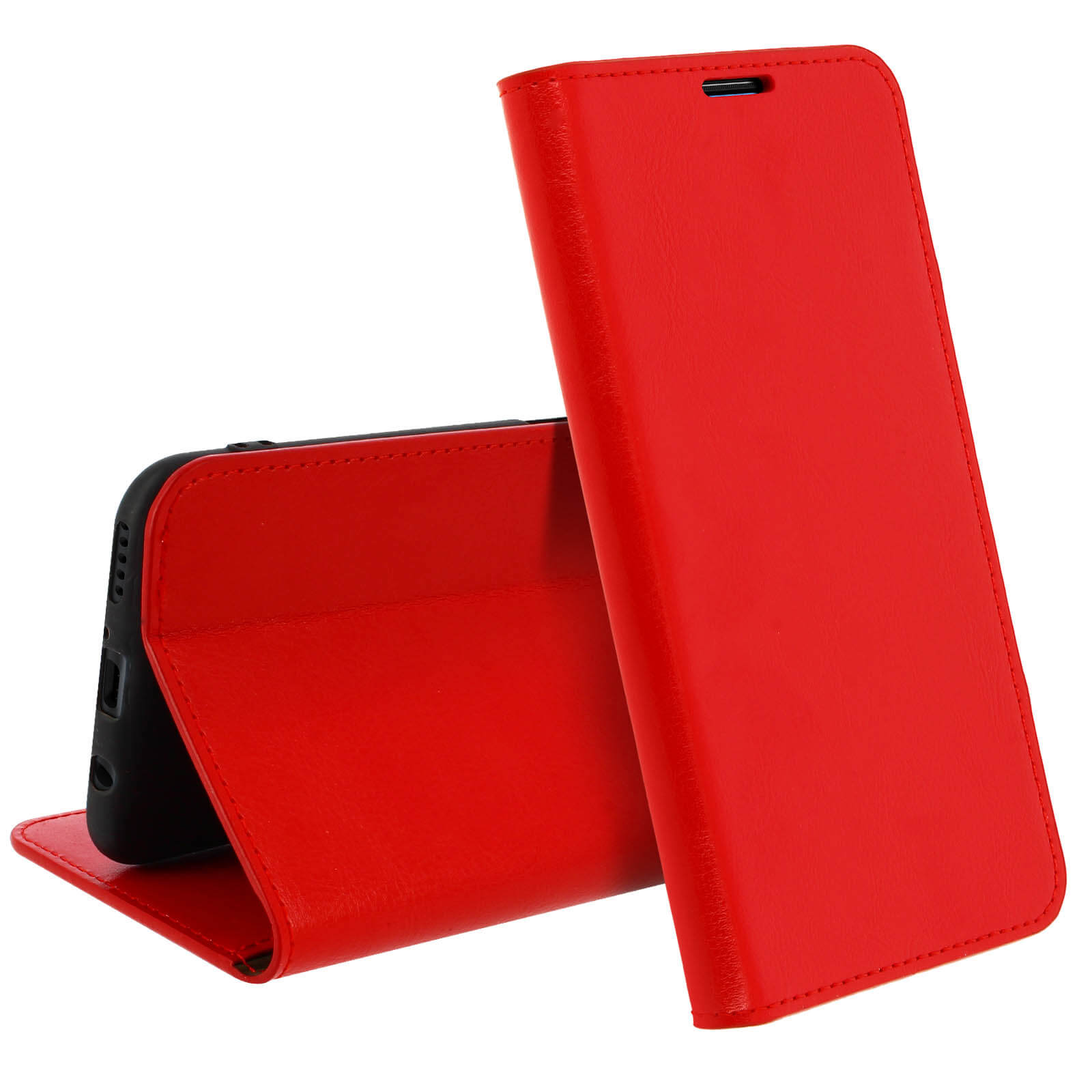 Custodia per telefono rossa aperta, con telefono all'interno. La custodia è rossa.