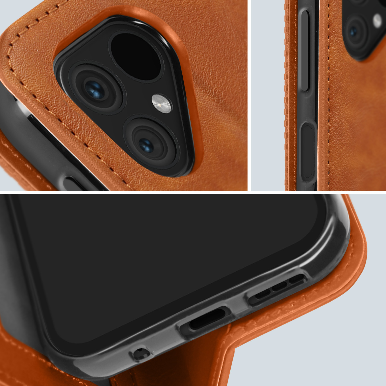Nahaufnahme einer Handyhülle mit dem Telefon darin. Braunes Leder mit Kameradetails.