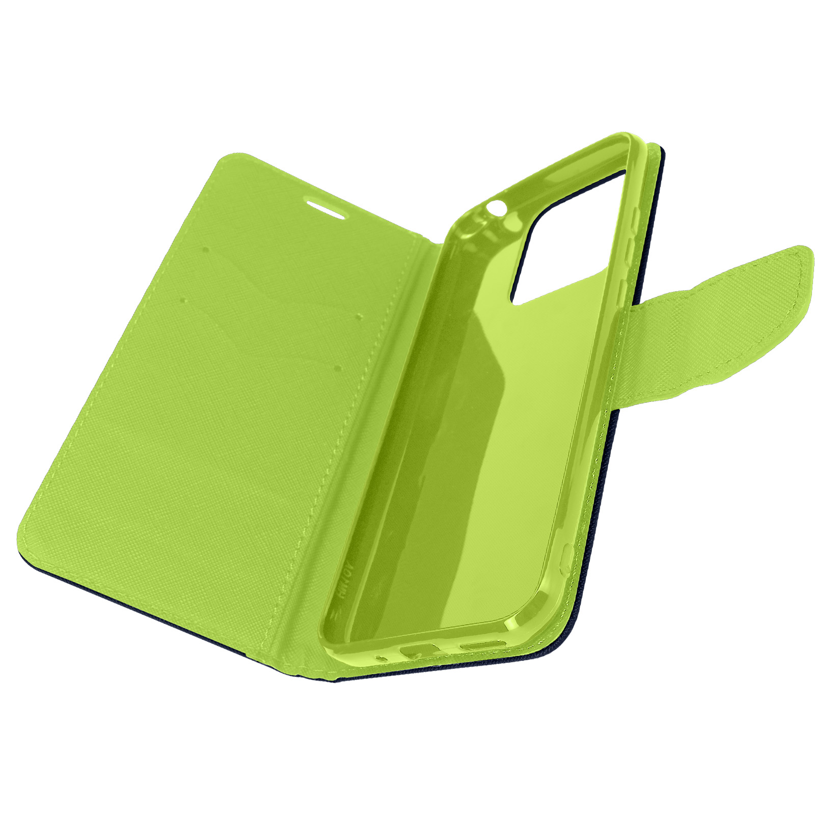 Custodia per telefono verde aperta con supporto per telefono verde lime. La custodia è aperta.