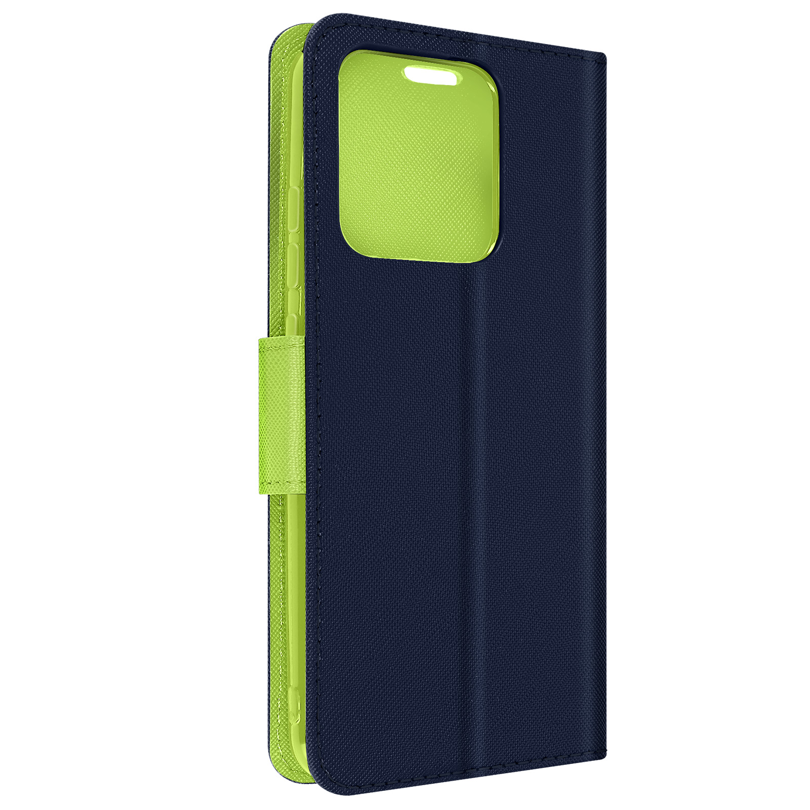 Una custodia per telefono blu navy è aperta, mostrando un telefono all'interno con un interno verde.