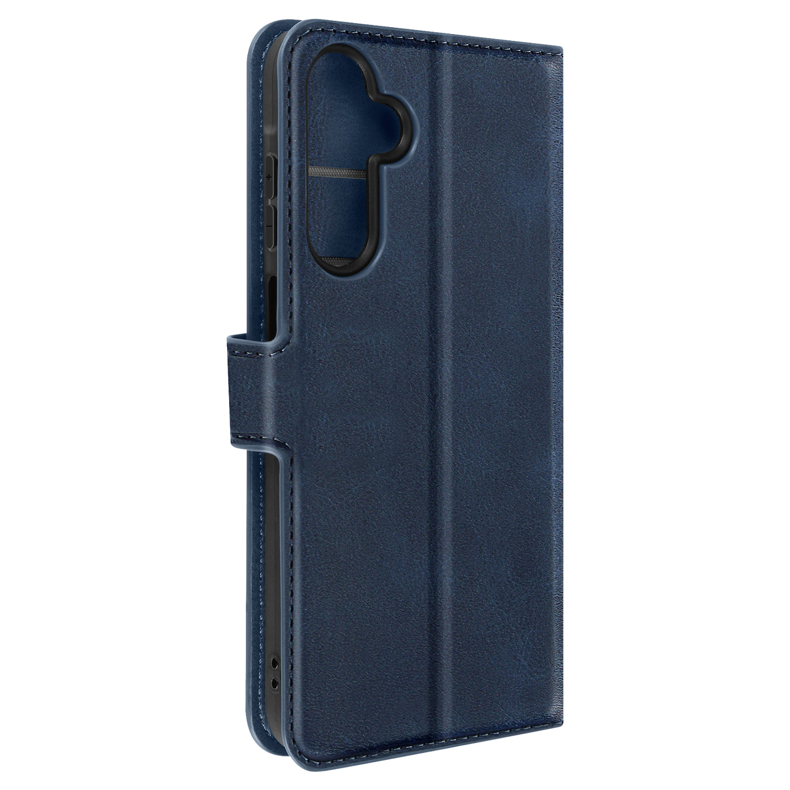 Custodia blu per telefono chiusa, che mostra il lato con i pulsanti e il ritaglio della fotocamera.