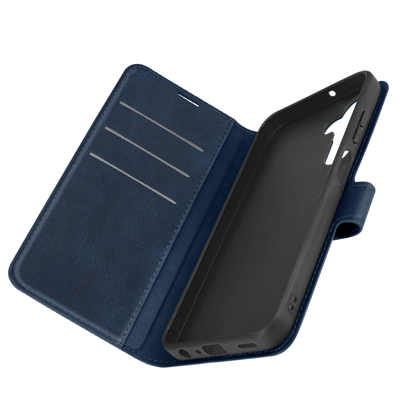 Custodia blu per telefono, aperta con carte all'interno. L'interno è nero, e il telefono non c'è.